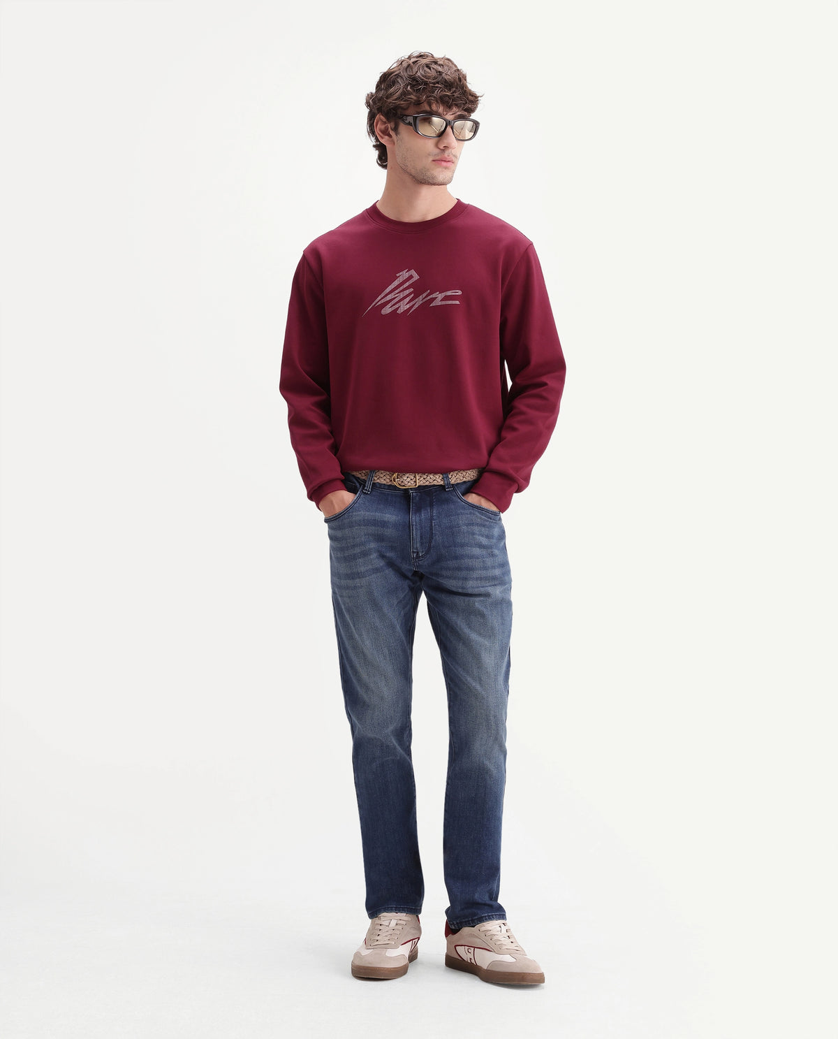Rare Rabbit Men's Palmi Maroon Cotton Blend Crew Neck Regular Graphic Print Sweatshirt