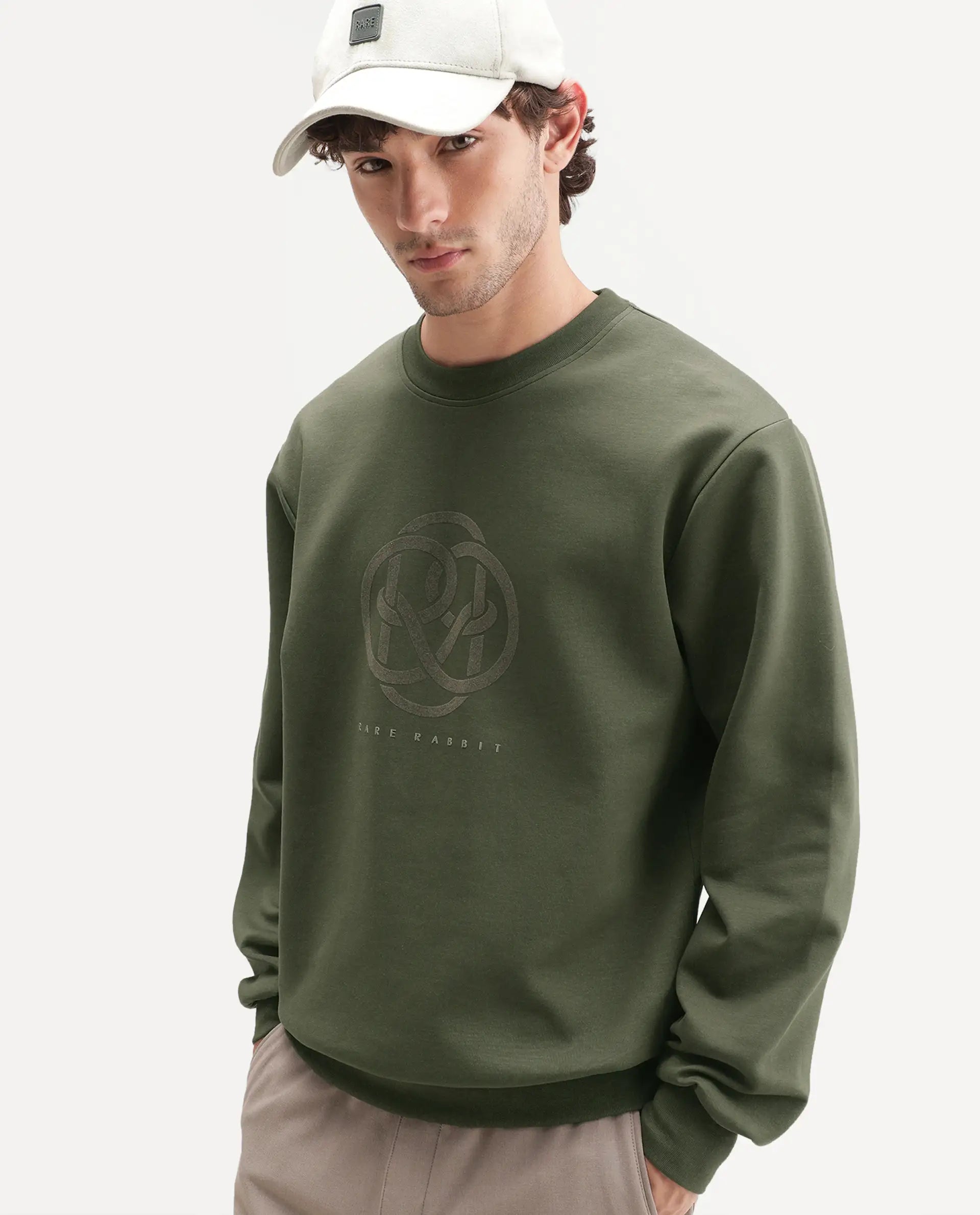 Rare Rabbit Men's Adge Olive Cotton Blend Crew Neck Regular Branding Sweatshirt