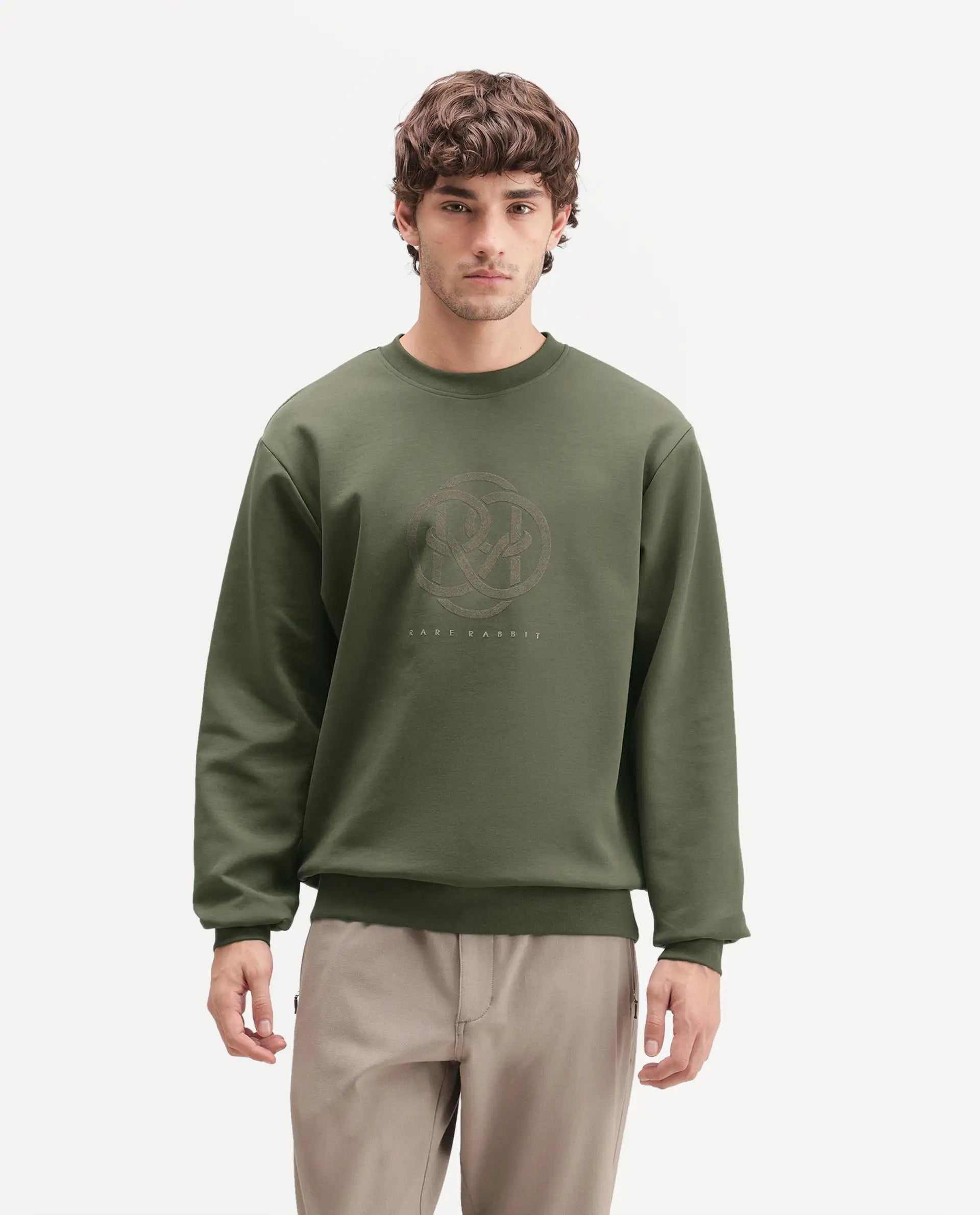 Rare Rabbit Men's Adge Olive Cotton Blend Crew Neck Regular Branding Sweatshirt