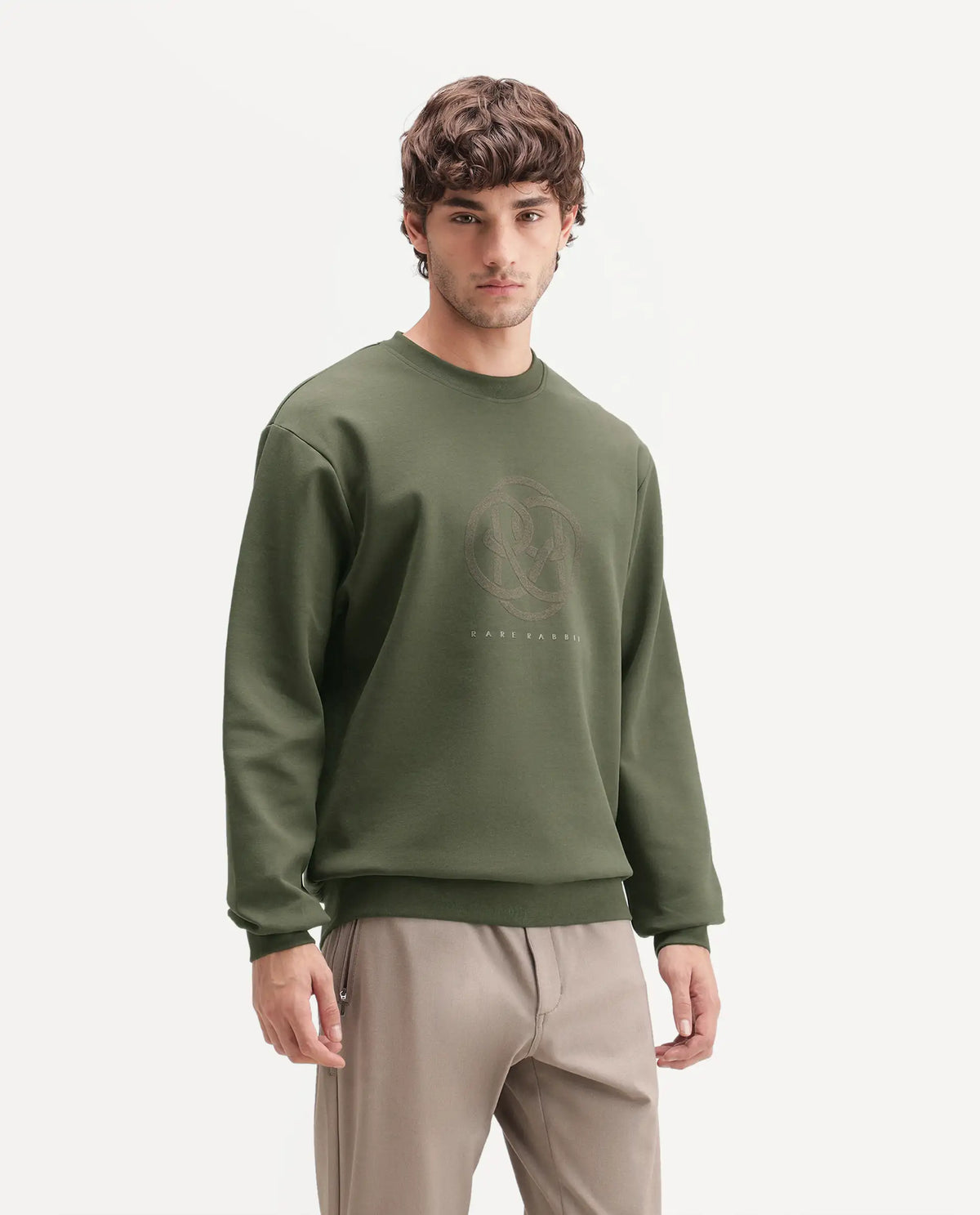 Rare Rabbit Men's Adge Olive Cotton Blend Crew Neck Regular Branding Sweatshirt