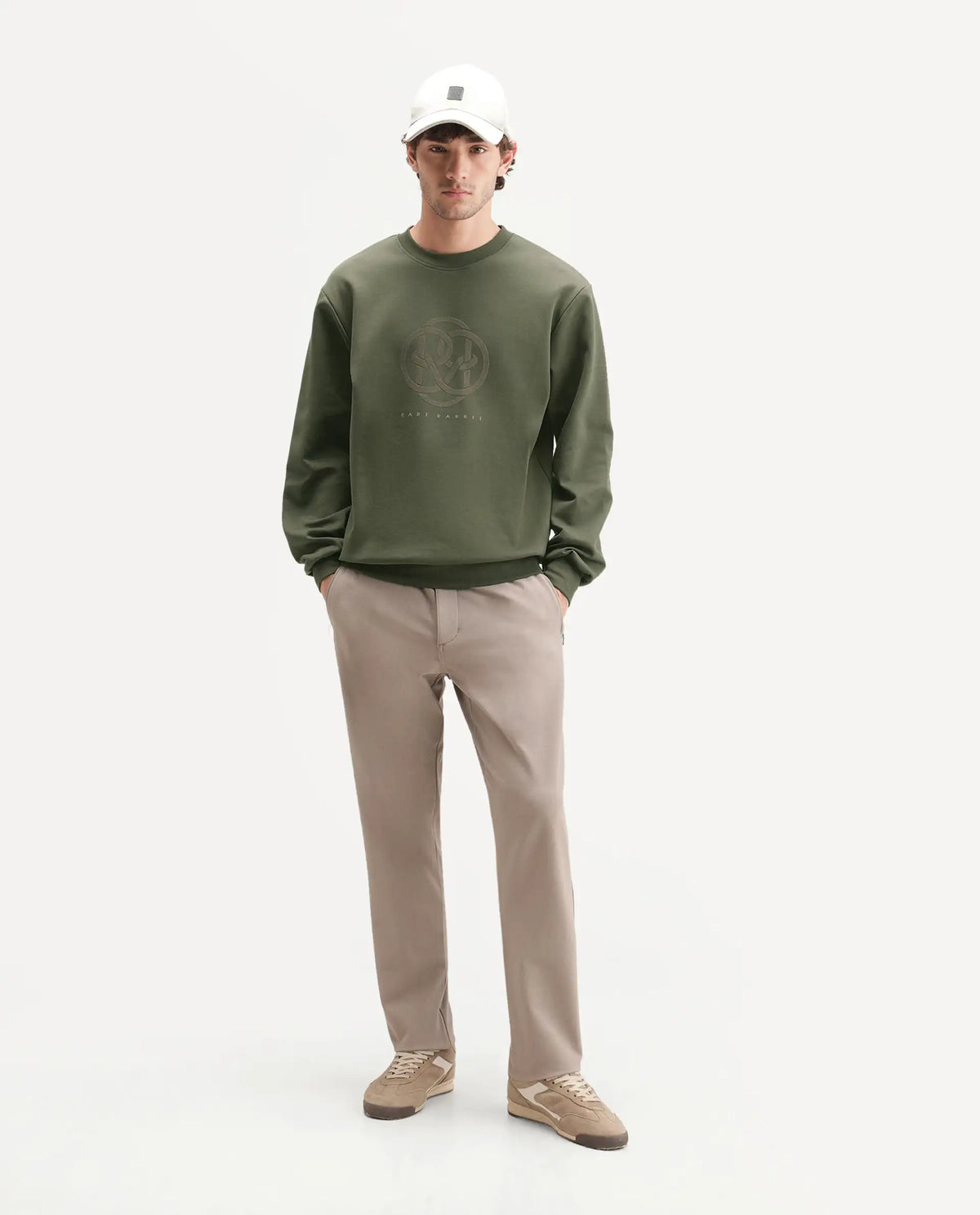 Rare Rabbit Men's Adge Olive Cotton Blend Crew Neck Regular Branding Sweatshirt