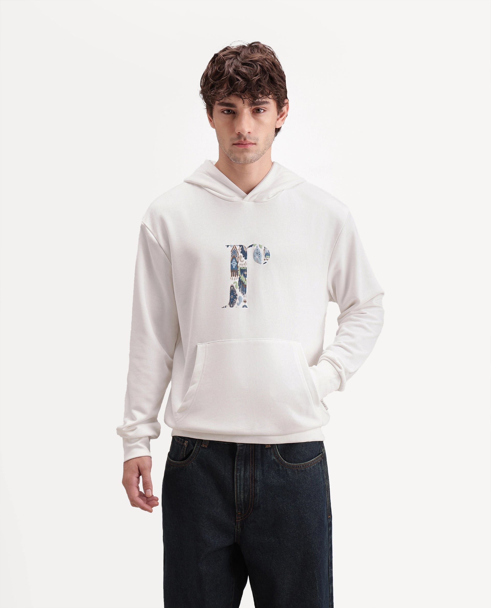 Rare Rabbit Men's Bent S Off White Cotton Blend Hooded Regular Graphic Print Sweatshirt