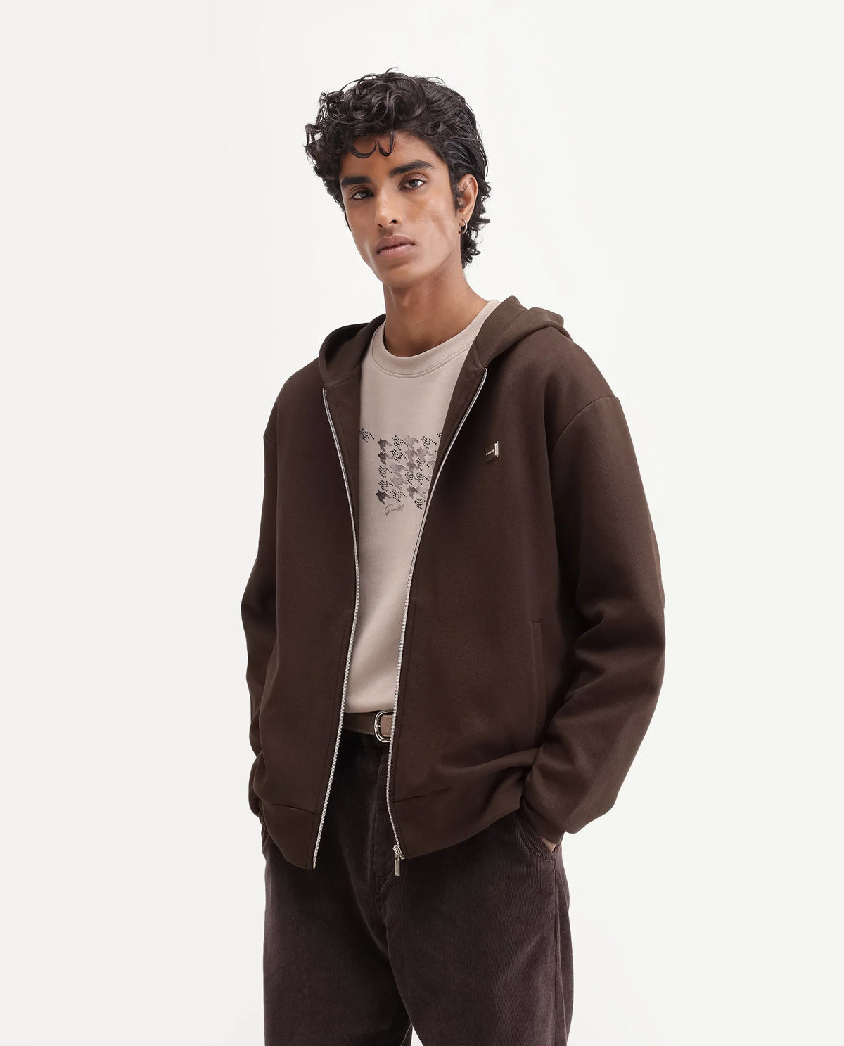 Rare Rabbit Men's Blin Brown Cotton Blend Hooded Regular Plain Sweatshirt