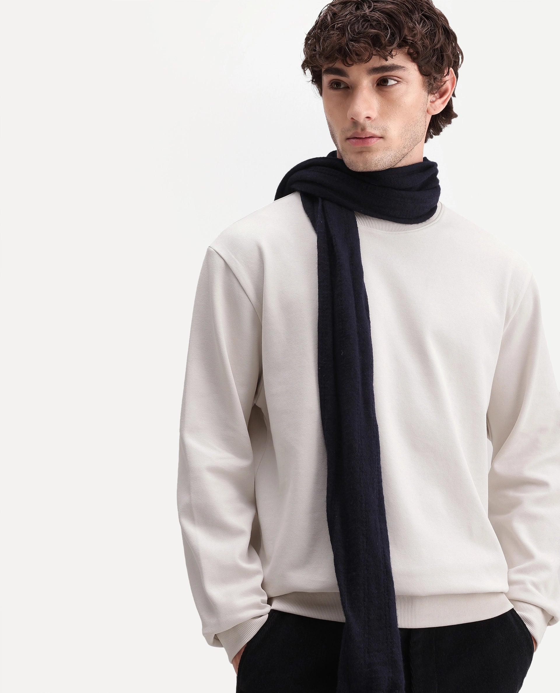 Rare Rabbit Men's Raeko Off White Cotton Blend Crew Neck Regular Plain Sweatshirt