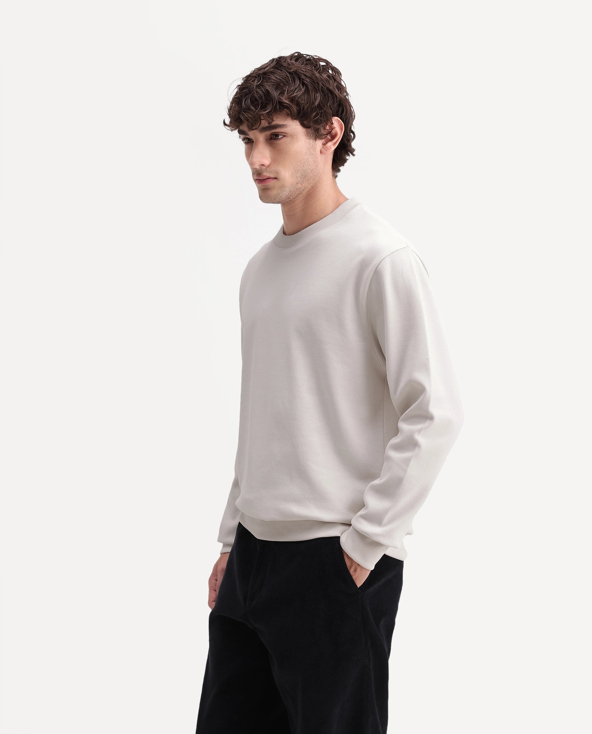 Rare Rabbit Men's Raeko Off White Cotton Blend Crew Neck Regular Plain Sweatshirt