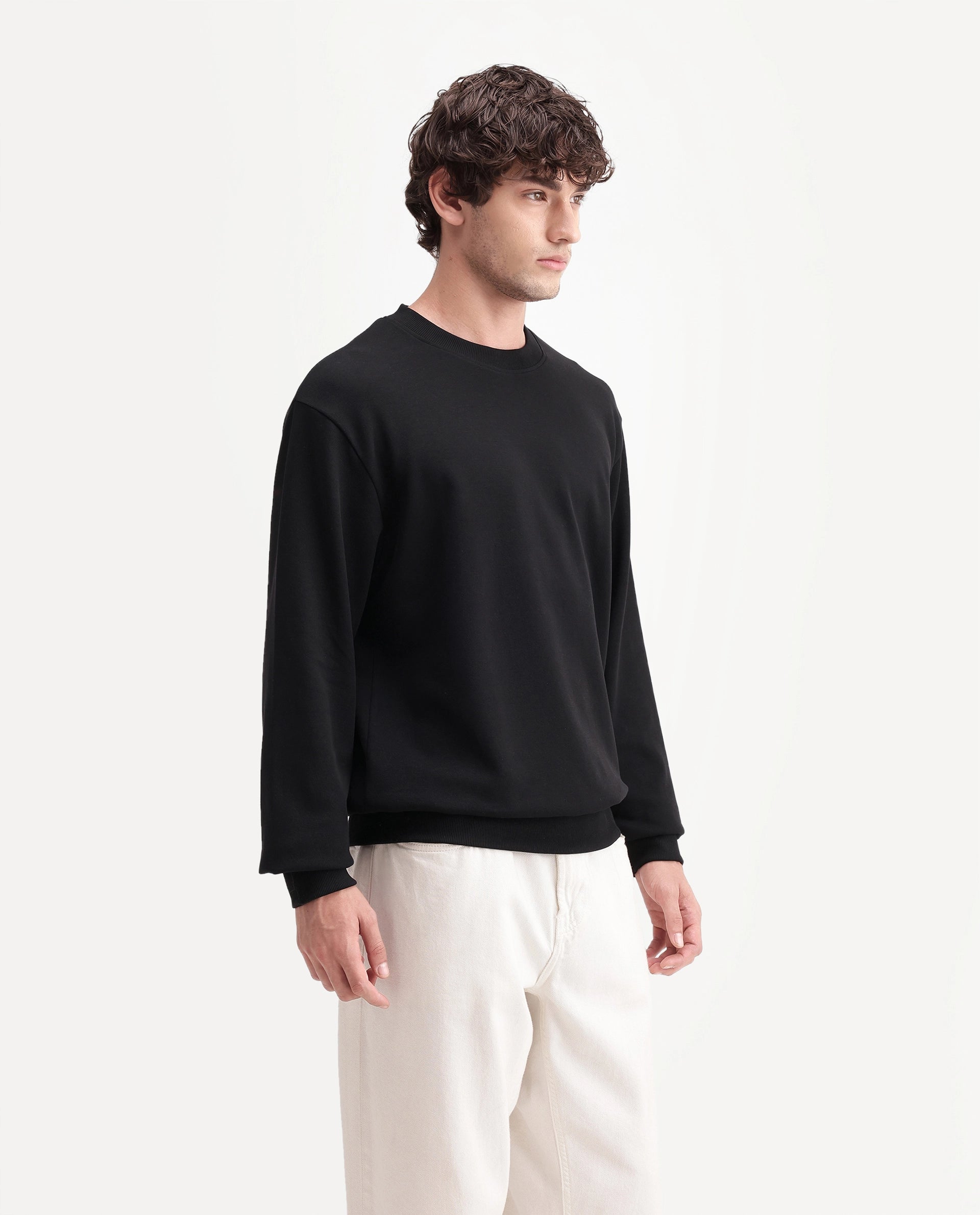 Rare Rabbit Men's Raeko Black Cotton Blend Crew Neck Regular Plain Sweatshirt
