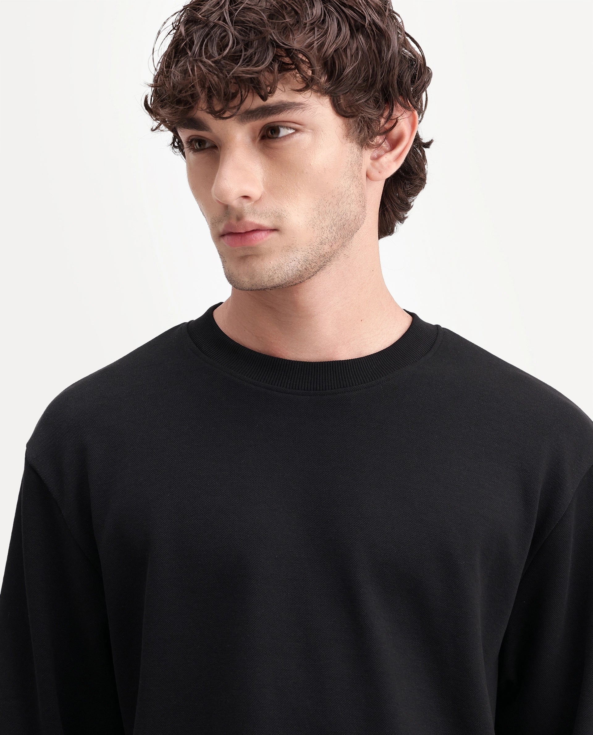 Rare Rabbit Men's Raeko Black Cotton Blend Crew Neck Regular Plain Sweatshirt