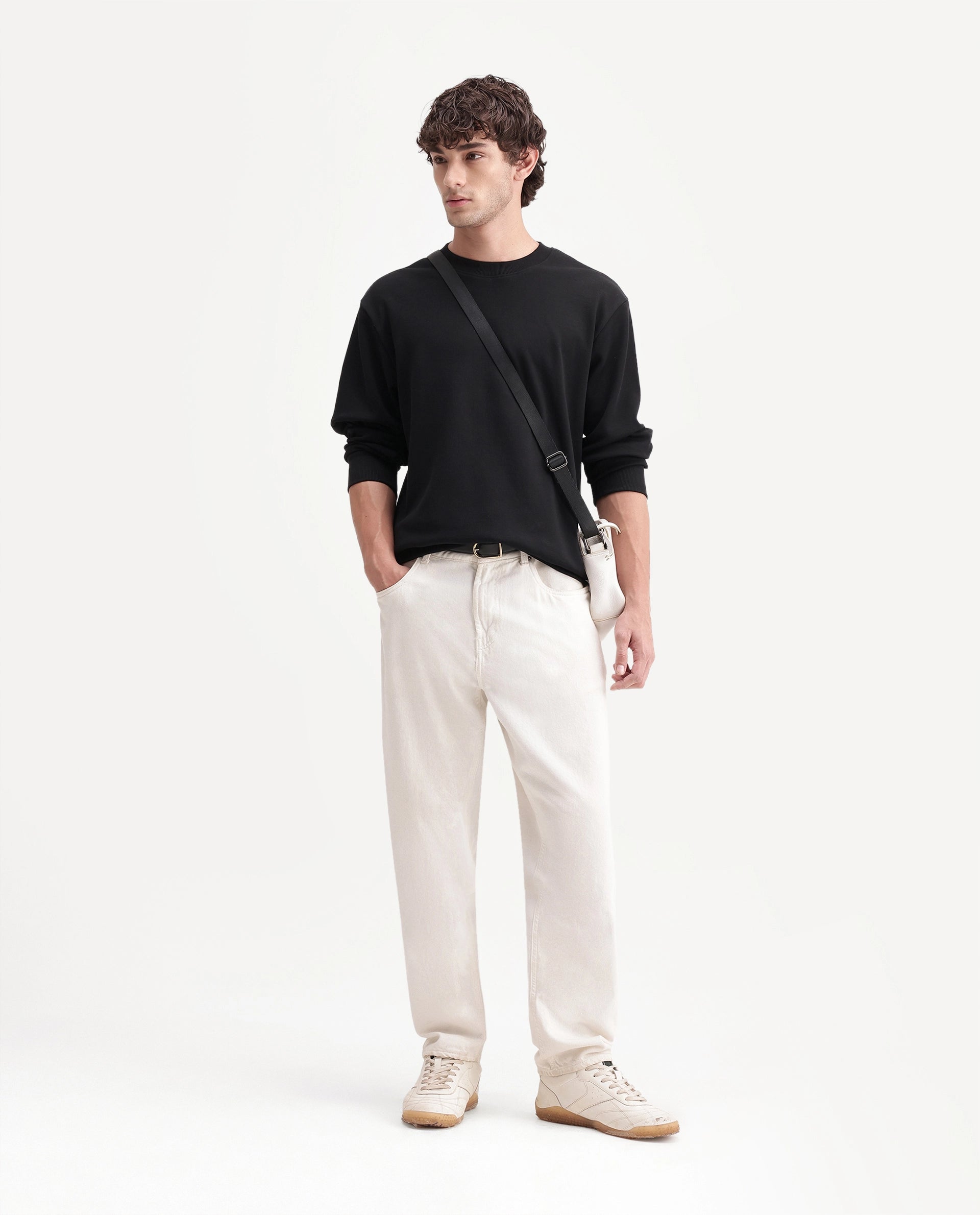 Rare Rabbit Men's Raeko Black Cotton Blend Crew Neck Regular Plain Sweatshirt