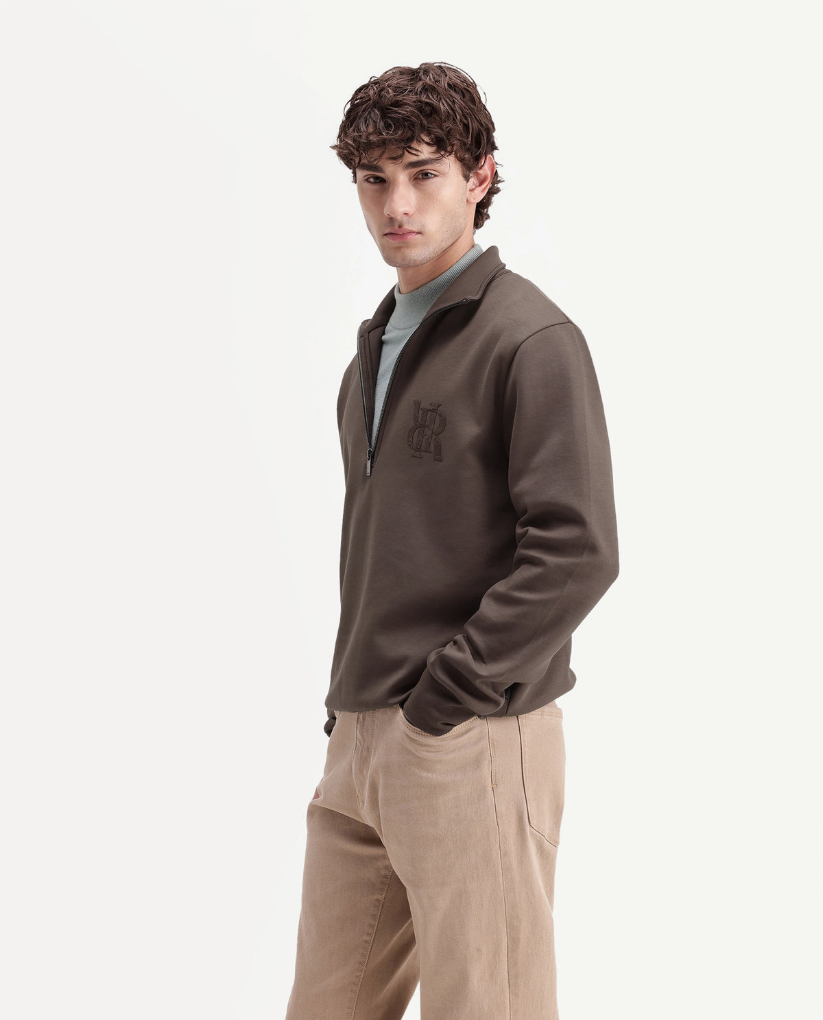 Rare Rabbit Men's Rosk Brown Cotton Blend High Neck Regular Branding Sweatshirt