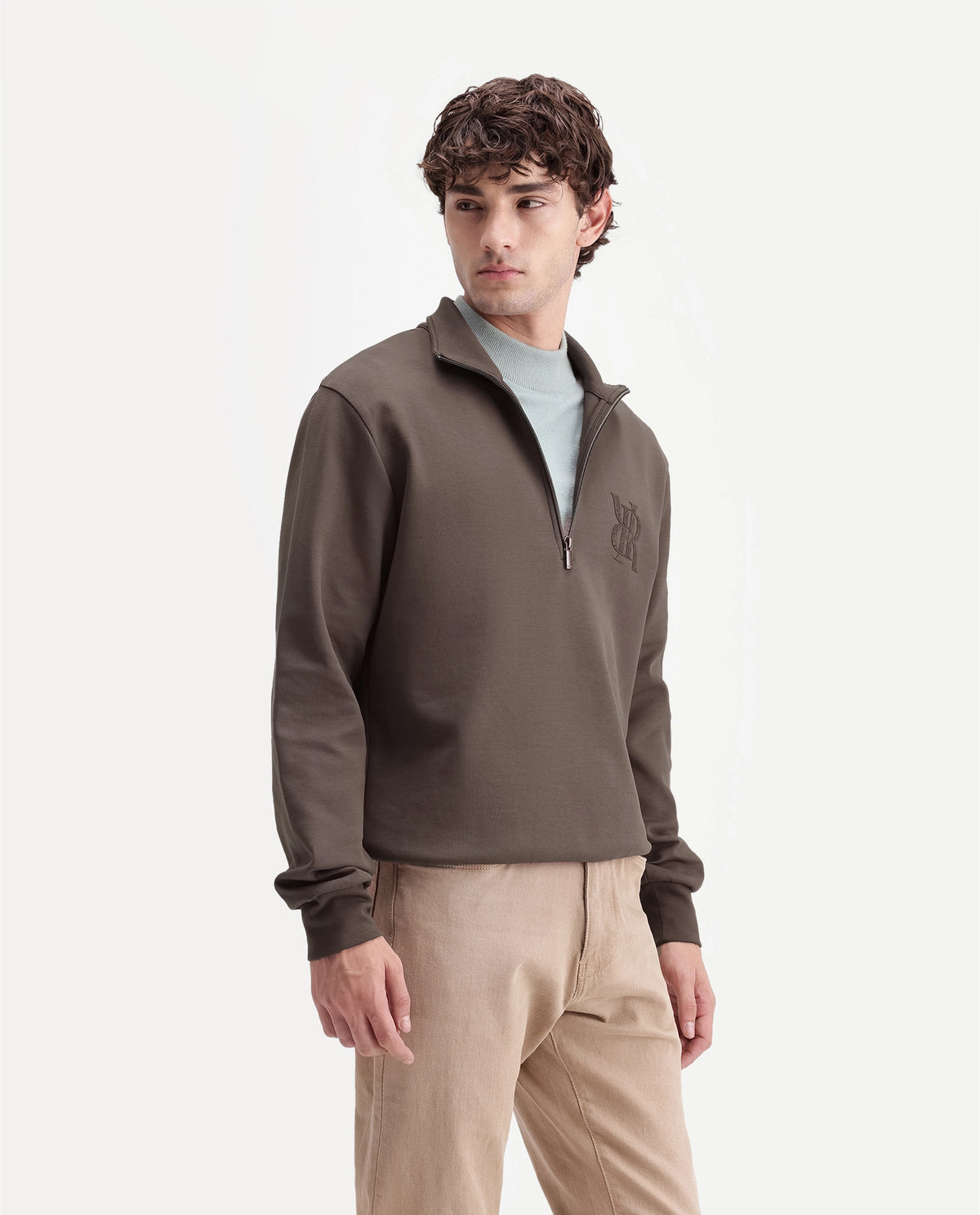Rare Rabbit Men's Rosk Brown Cotton Blend High Neck Regular Branding Sweatshirt