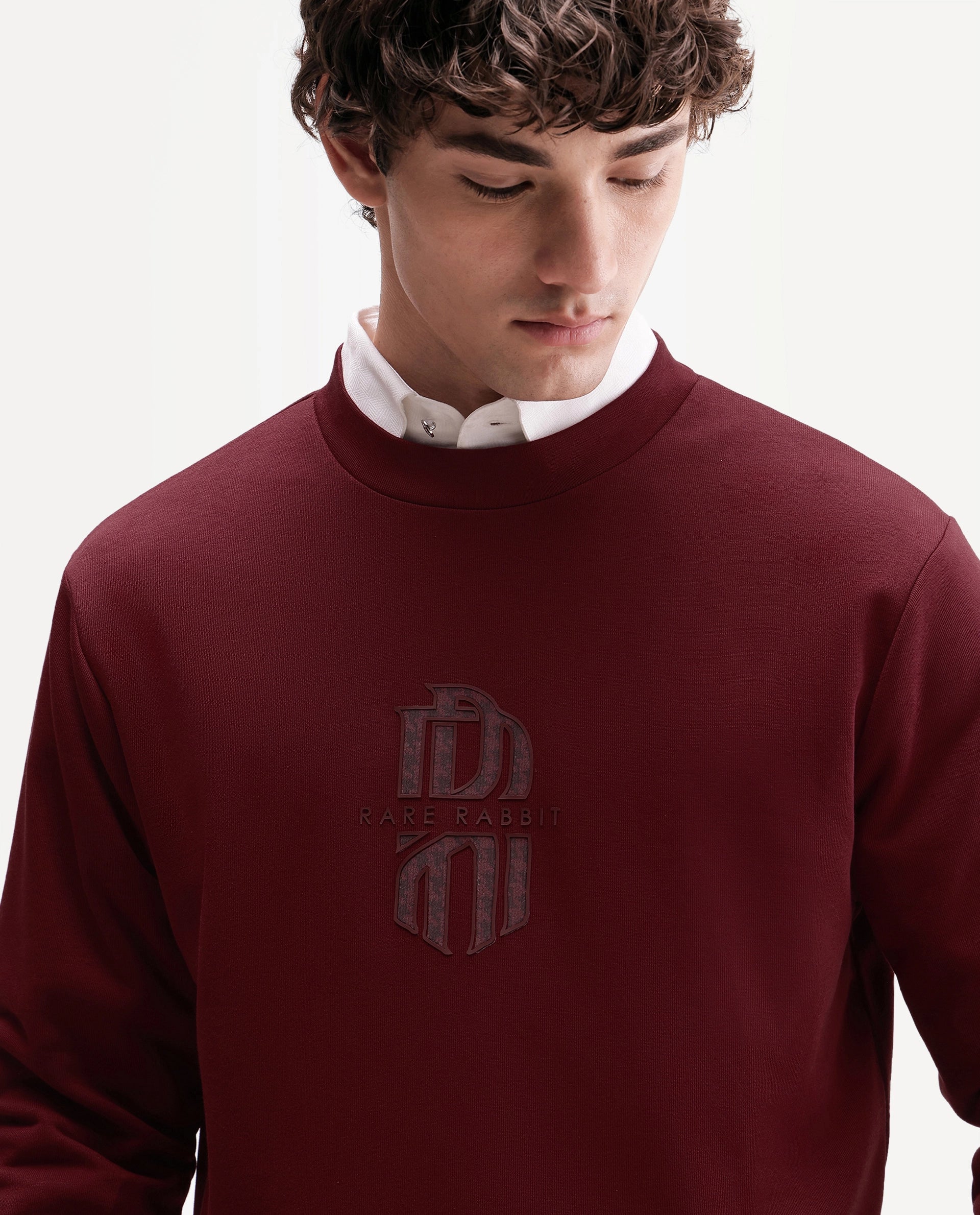 Rare Rabbit Men's Rarko Dark Red Cotton Blend Crew Neck Regular Monogram Sweatshirt
