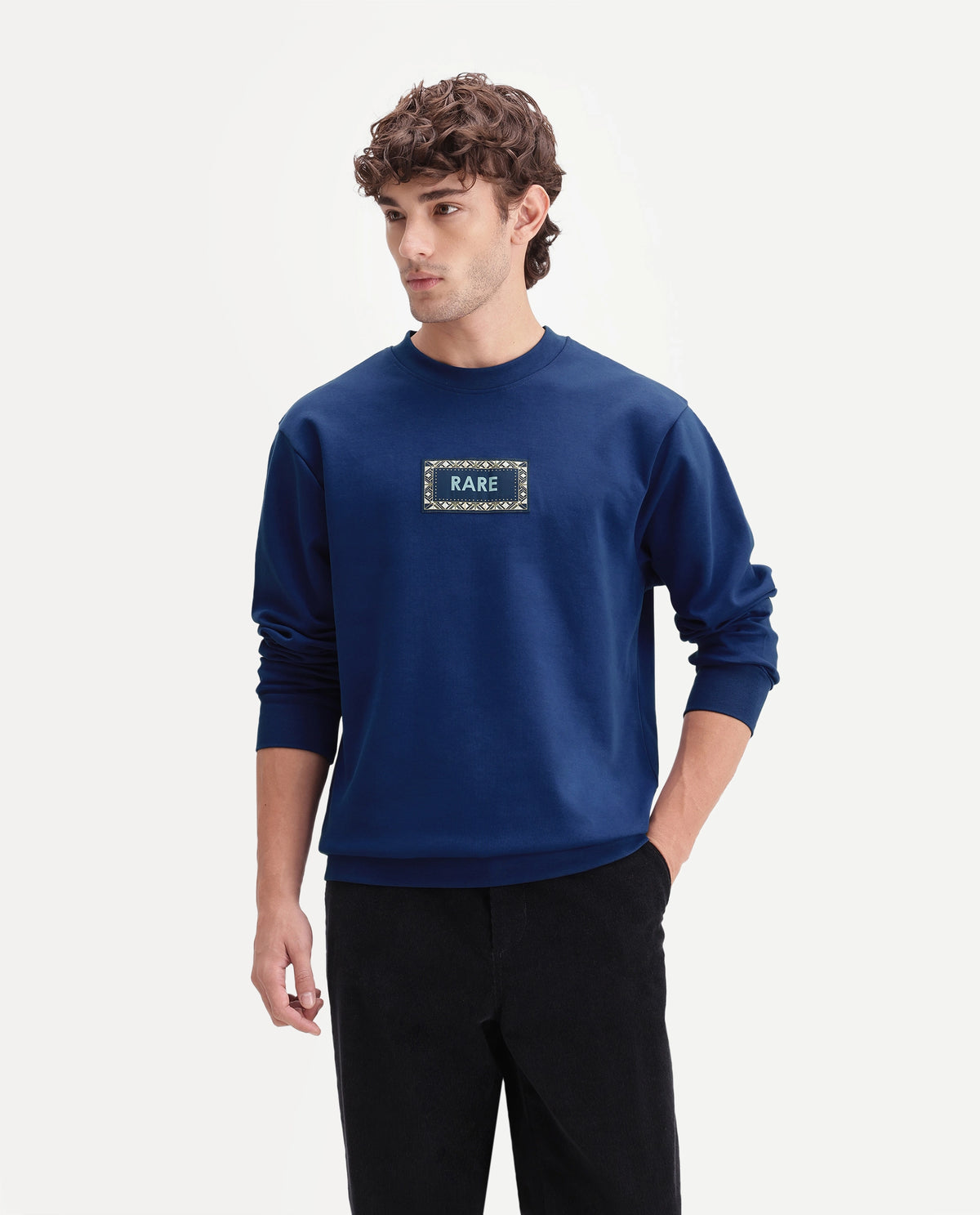 Rare Rabbit Men's Kiha Fluorescent Blue Cotton Blend Crew Neck Regular Label Sweatshirt