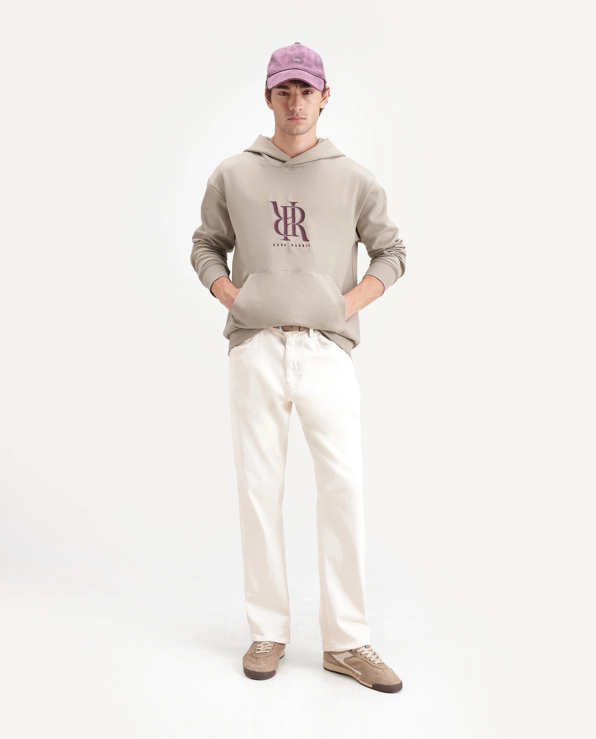 Rare Rabbit Men's Rue Dusky Beige Cotton Blend Hooded Regular Embroidered Sweatshirt