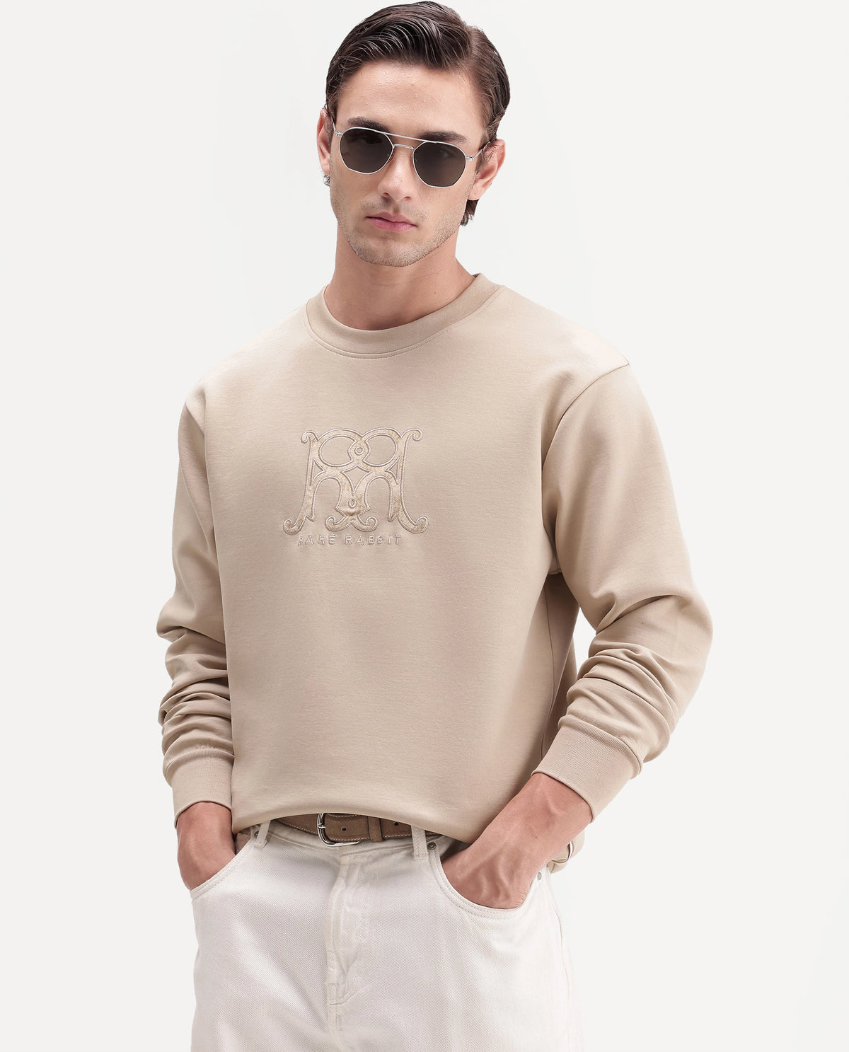 Rare Rabbit Men's Leko Light Beige Cotton Blend Crew Neck Regular Embroidered Sweatshirt