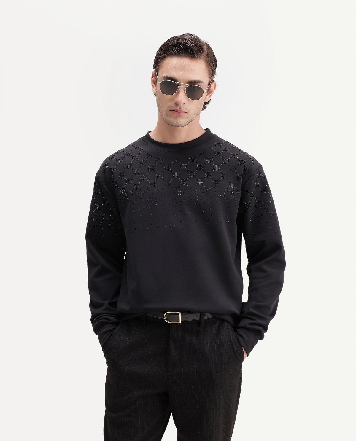 Rare Rabbit Men's Spark Black Cotton Blend Crew Neck Regular Plain Sweatshirt