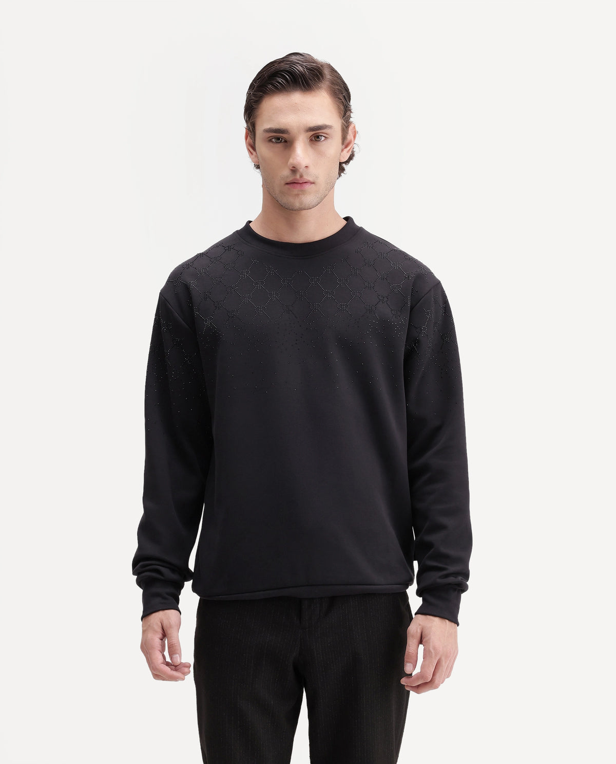 Rare Rabbit Men's Spark Black Cotton Blend Crew Neck Regular Plain Sweatshirt