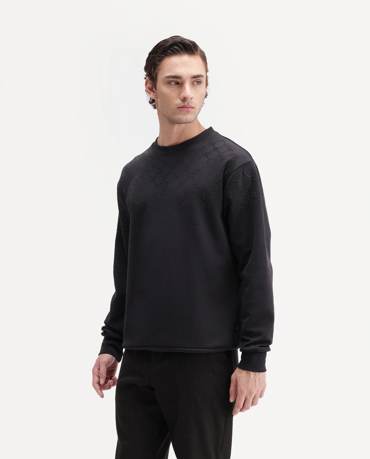Rare Rabbit Men's Spark Black Cotton Blend Crew Neck Regular Plain Sweatshirt