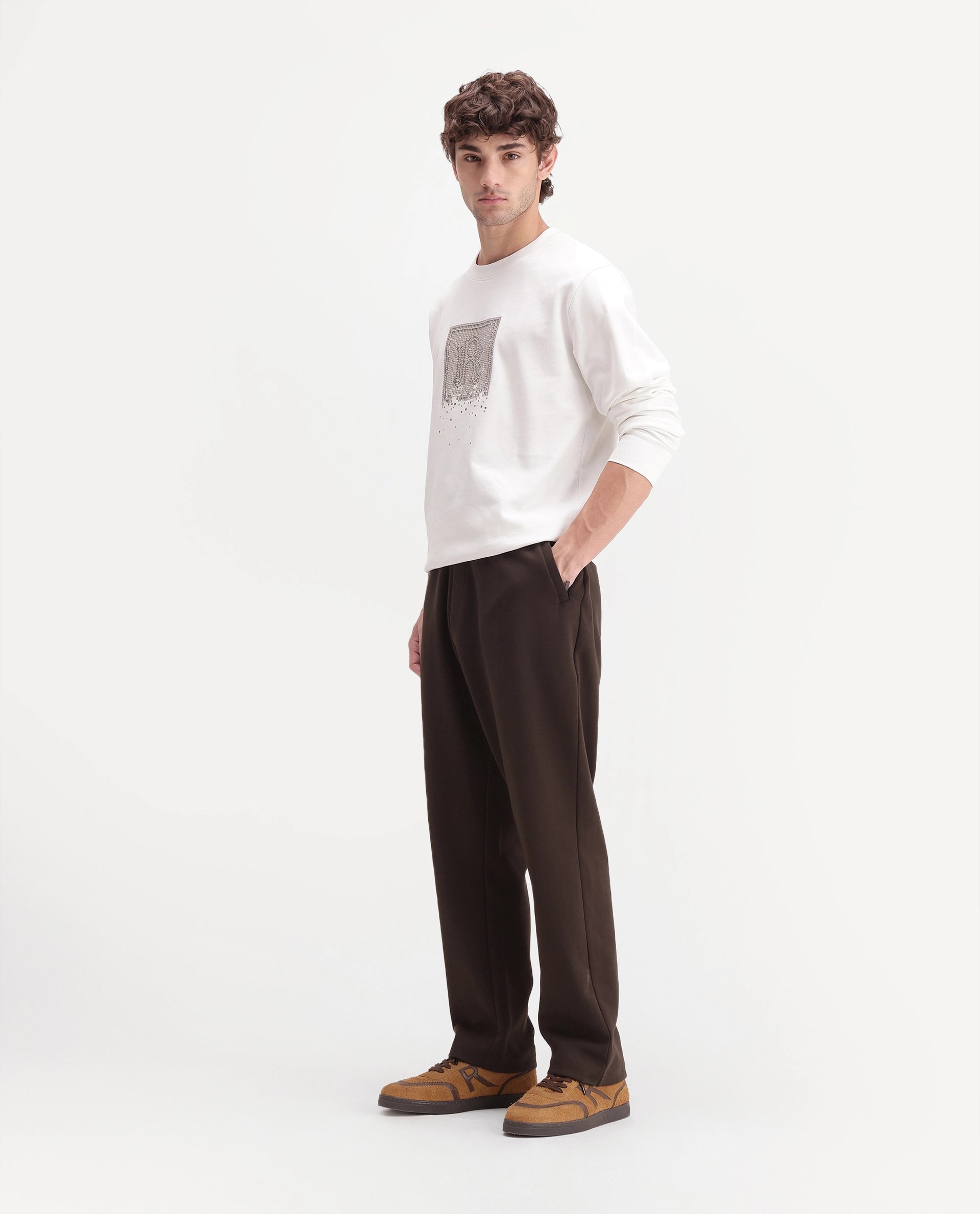 Rare Rabbit Men's Blin-T Brown Cotton Blend Relaxed Plain Track Pant