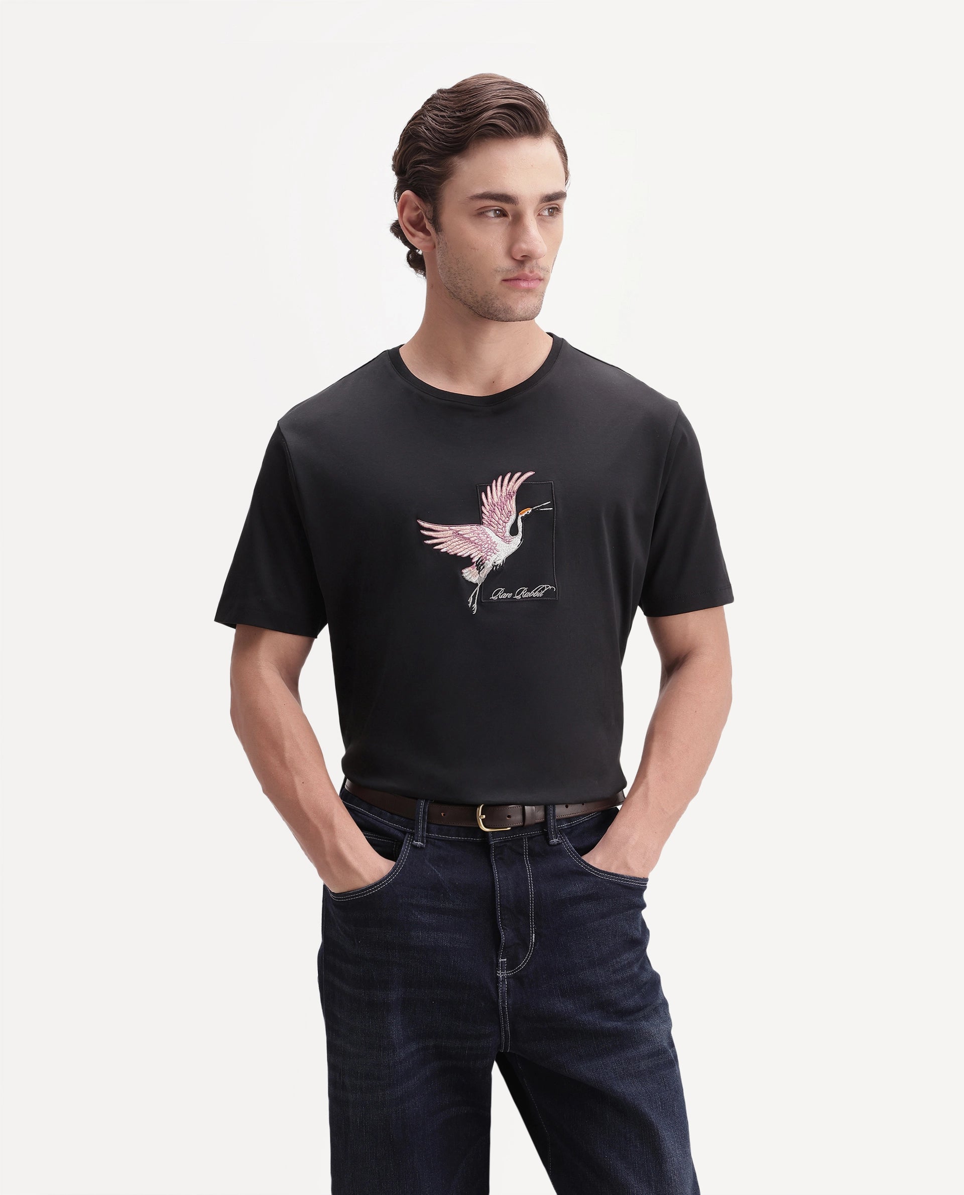 Rare Rabbit Men's Birdo Black Cotton Crew Neck Regular Graphic Print T-Shirt