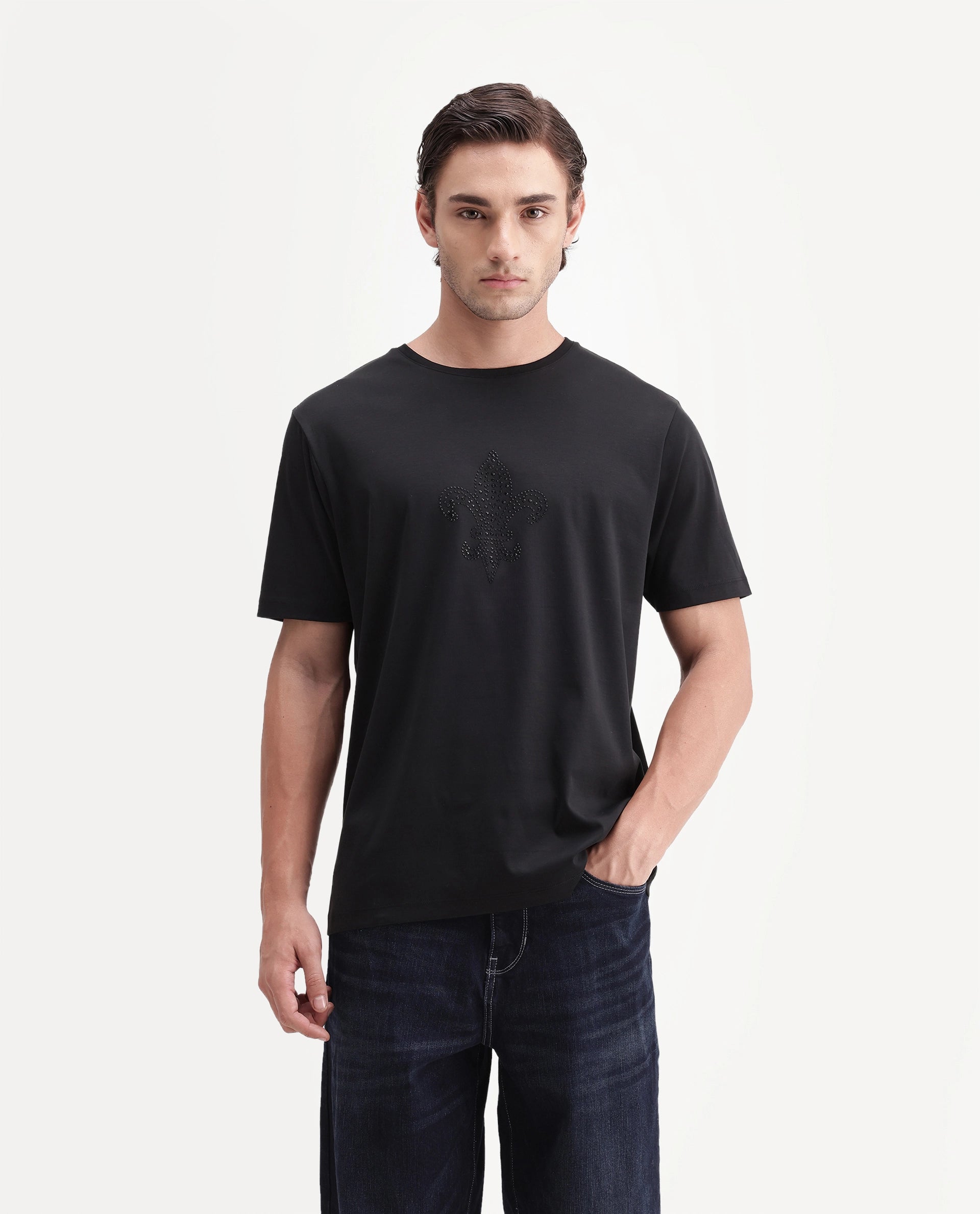 Rare Rabbit Men's Earlo Black Cotton Crew Neck Regular Graphic Print T-Shirt