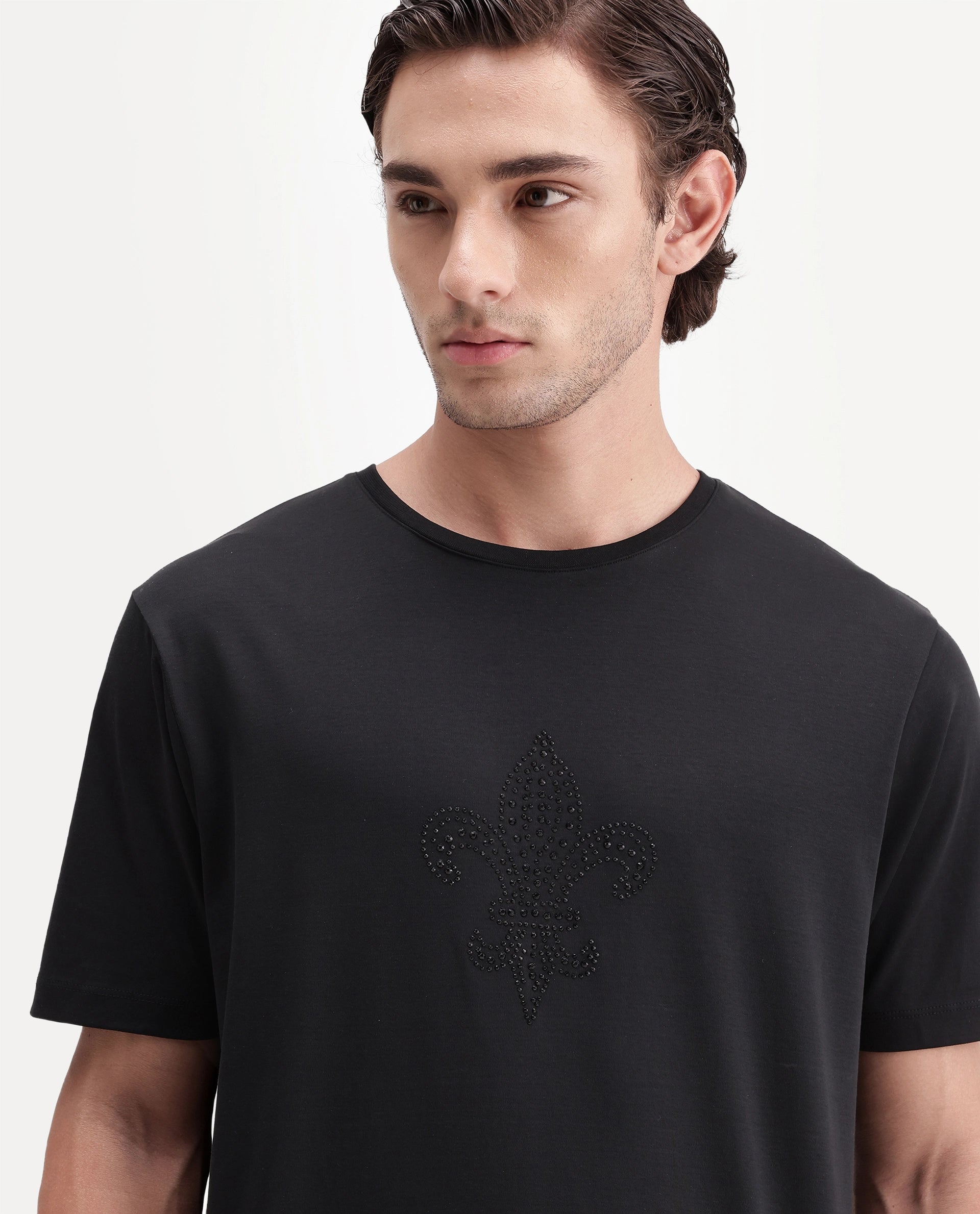 Rare Rabbit Men's Earlo Black Cotton Crew Neck Regular Graphic Print T-Shirt