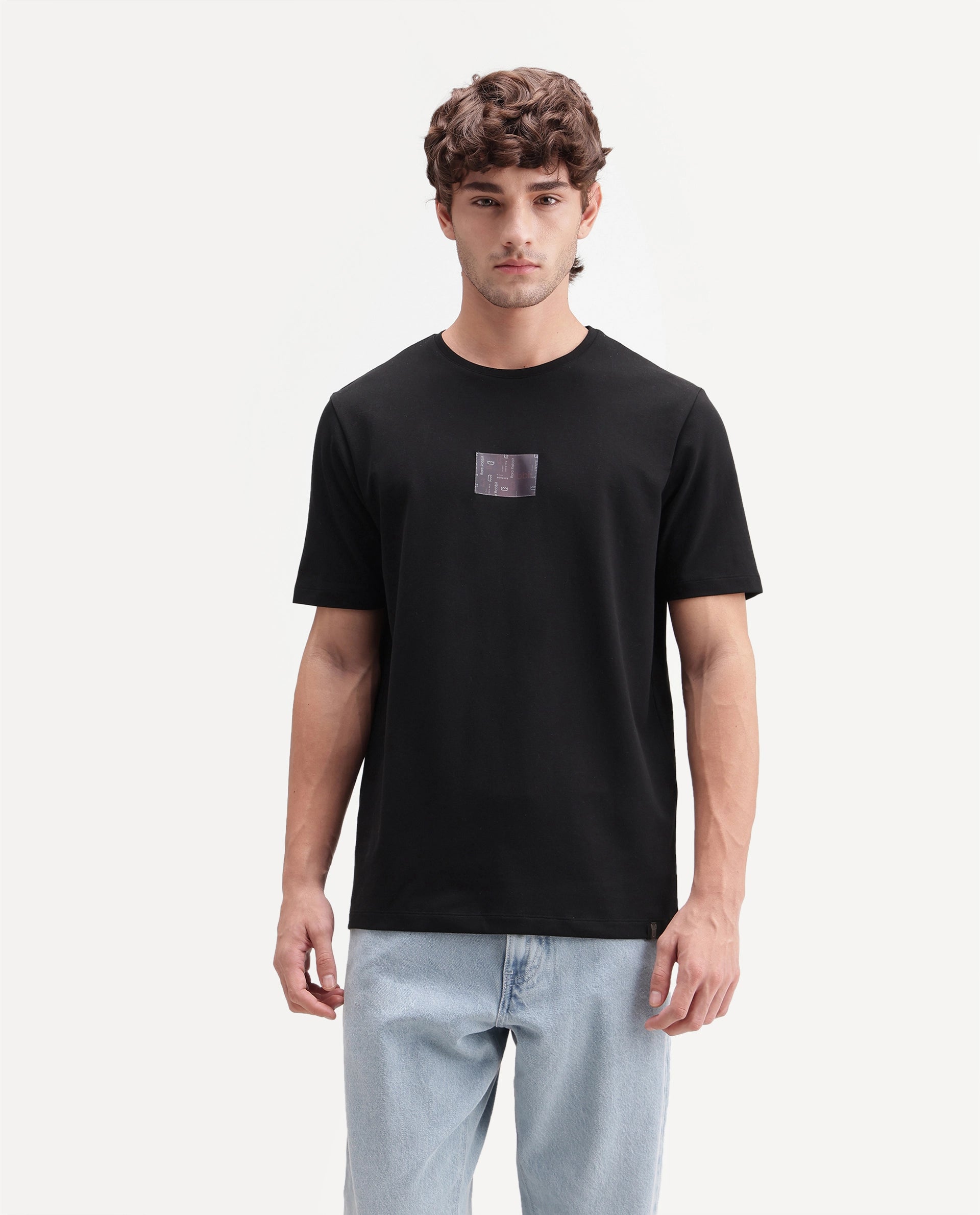 Rare Rabbit Men's Helo Black Cotton Blend Crew Neck Regular Graphic Print T-Shirt
