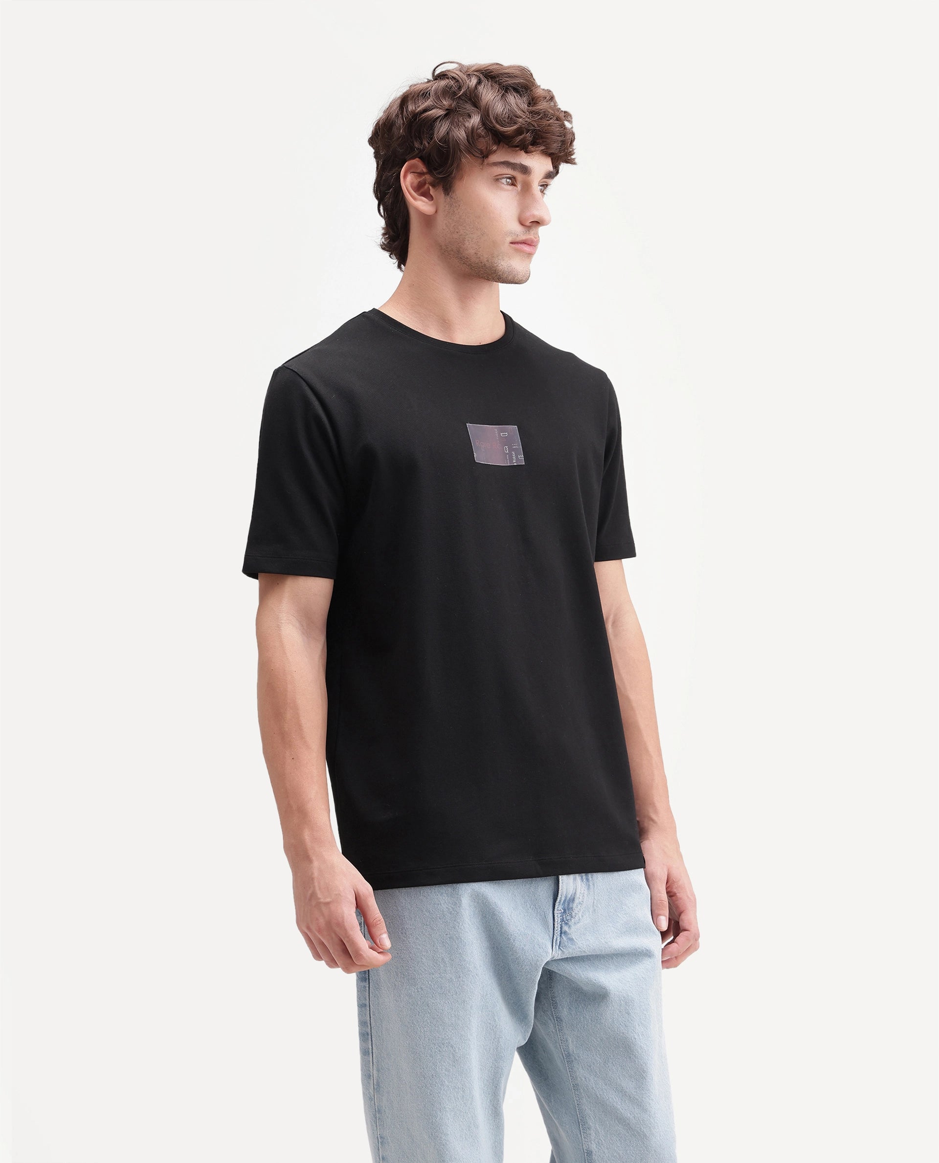 Rare Rabbit Men's Helo Black Cotton Blend Crew Neck Regular Graphic Print T-Shirt