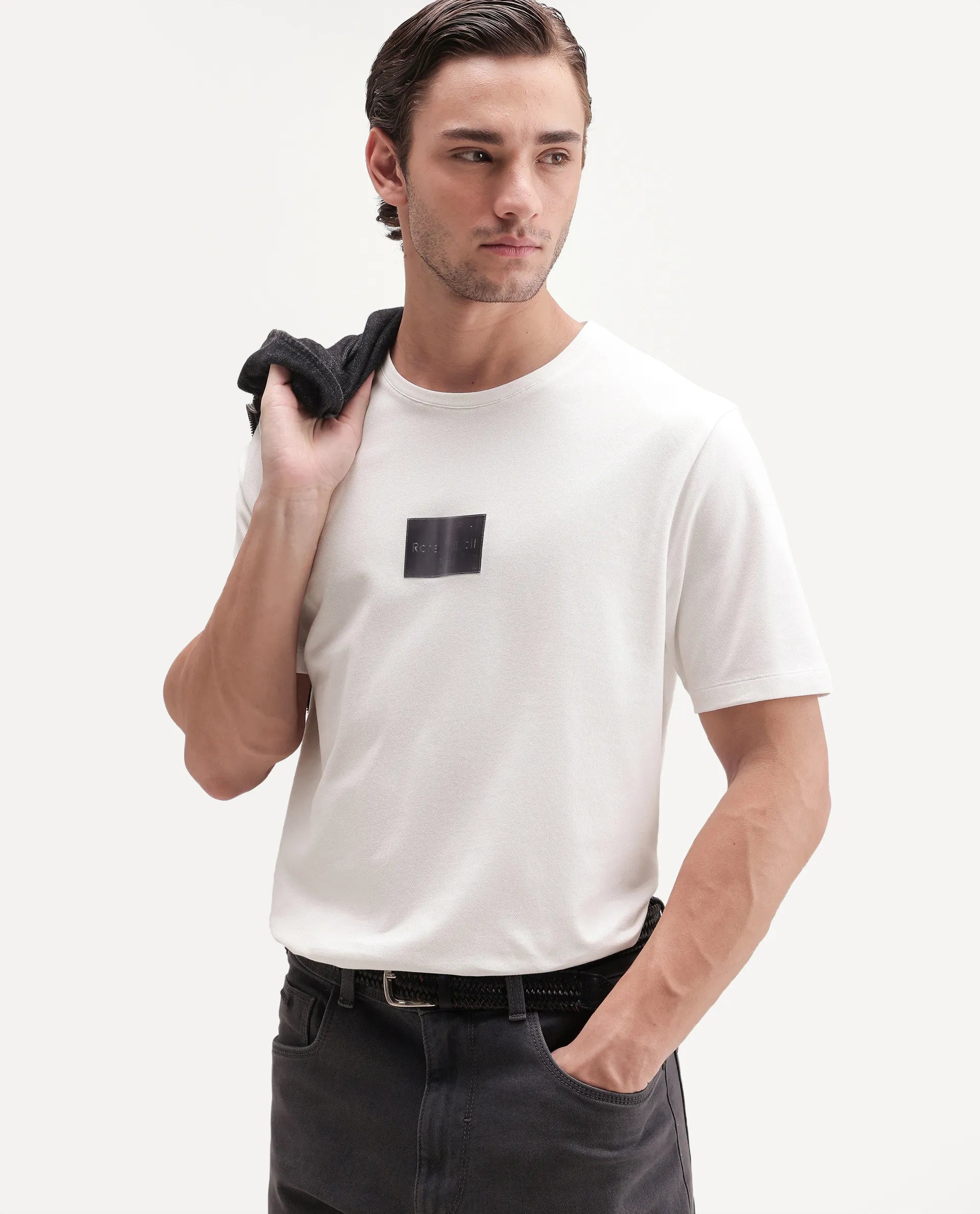 Rare Rabbit Men's Helo White Cotton Blend Crew Neck Regular Graphic Print T-Shirt