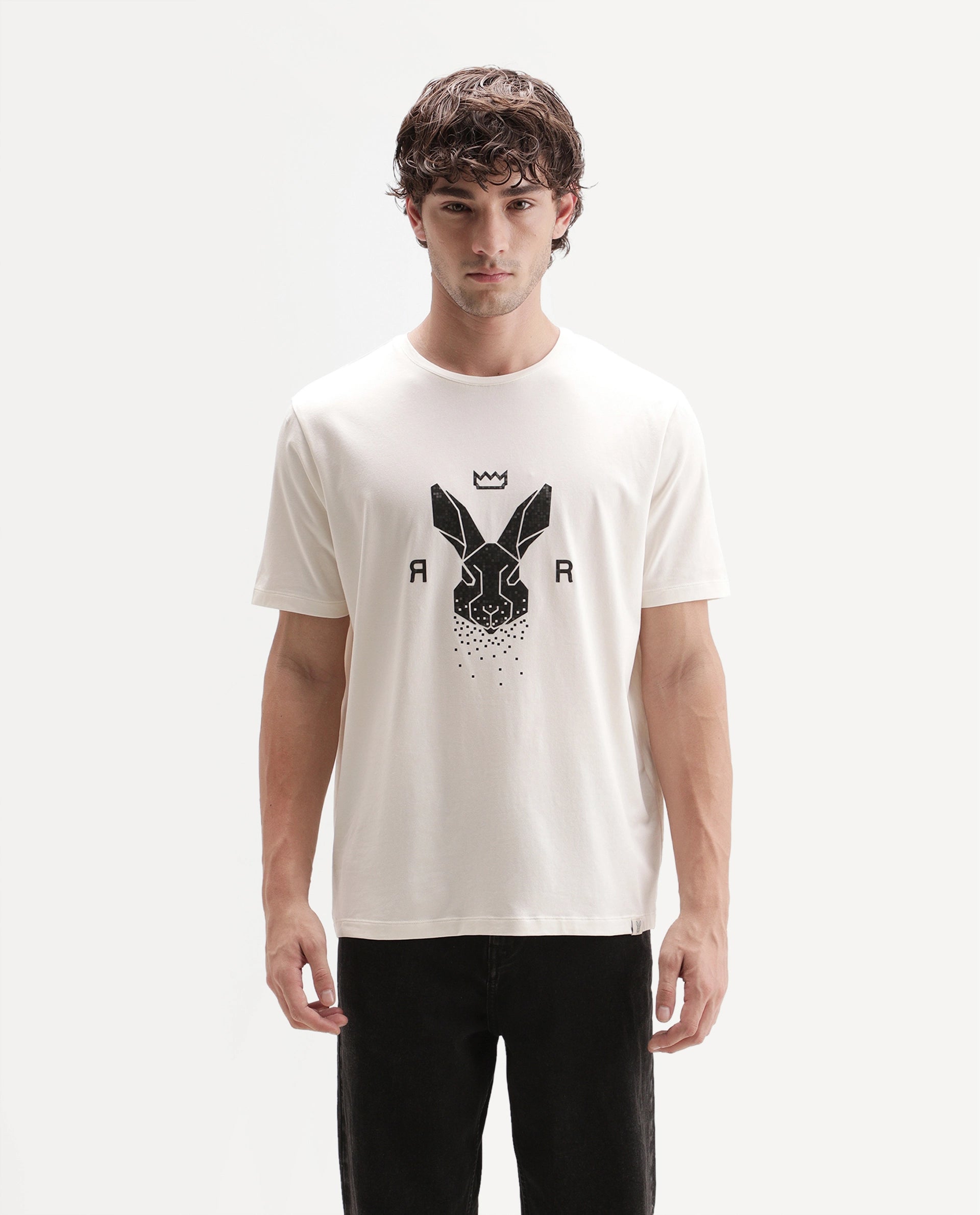 Rare Rabbit Men's Walker Off White Cotton Blend Crew Neck Regular Graphic Print T-Shirt