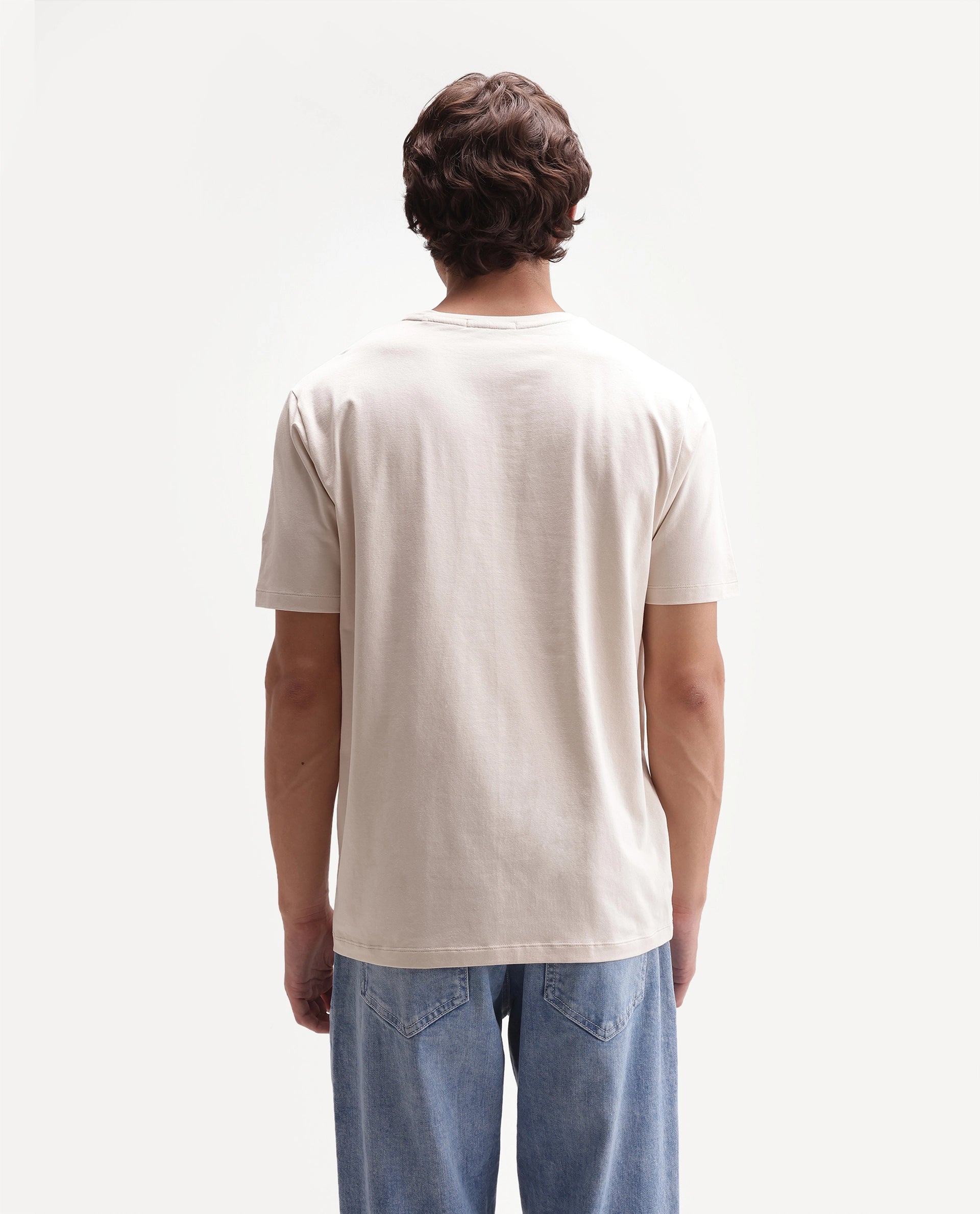 Rare Rabbit Men's Rabbit-A26 Beige Cotton Blend Crew Neck Regular Hd Print T-Shirt