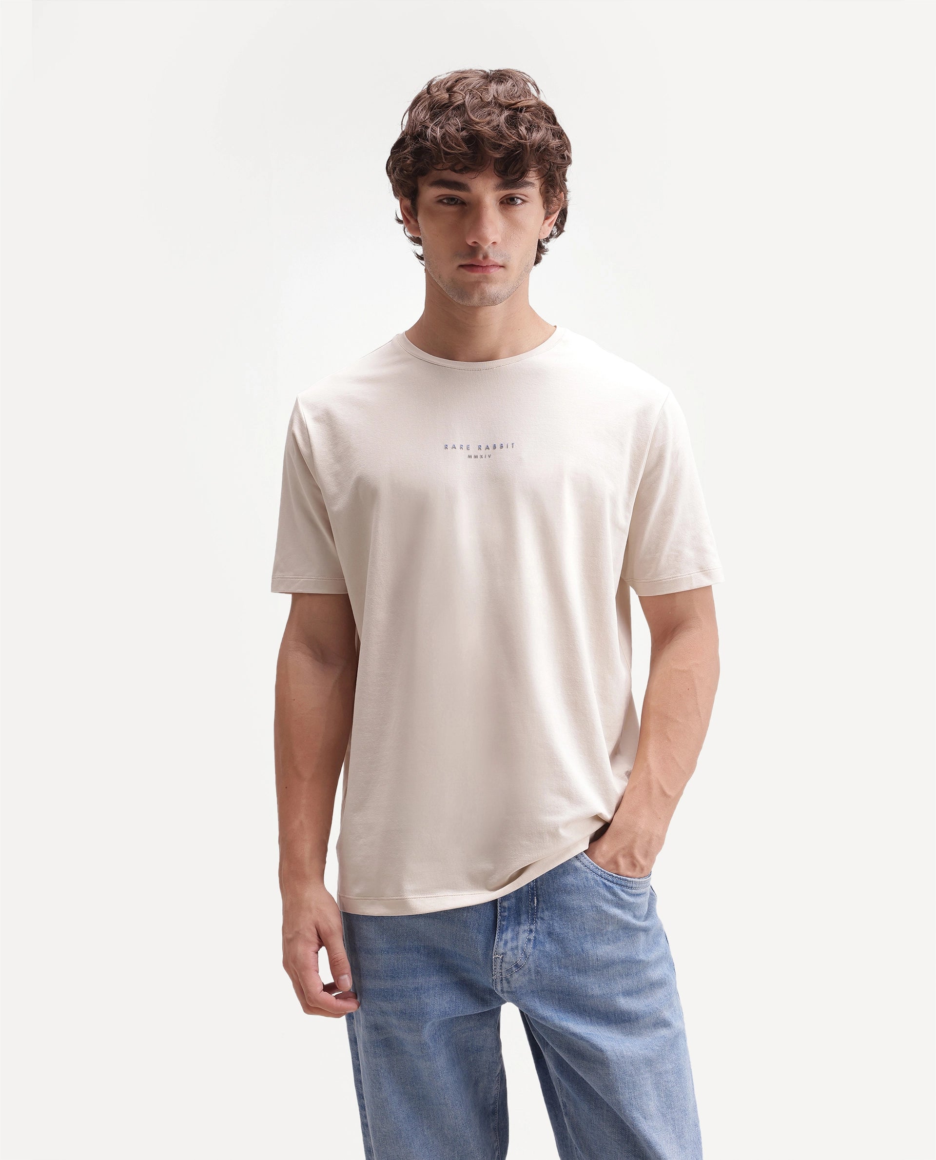 Rare Rabbit Men's Rabbit-A26 Beige Cotton Blend Crew Neck Regular Hd Print T-Shirt