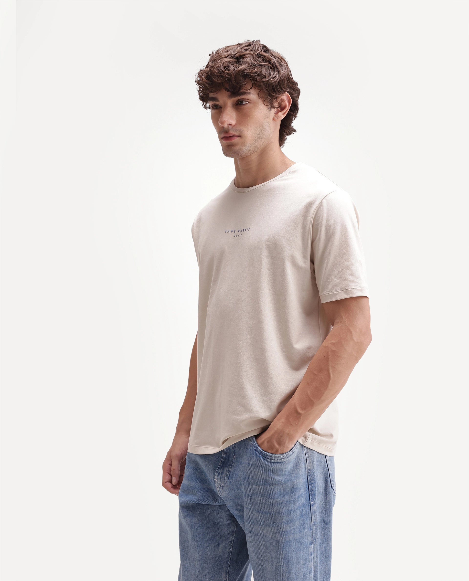 Rare Rabbit Men's Rabbit-A26 Beige Cotton Blend Crew Neck Regular Hd Print T-Shirt