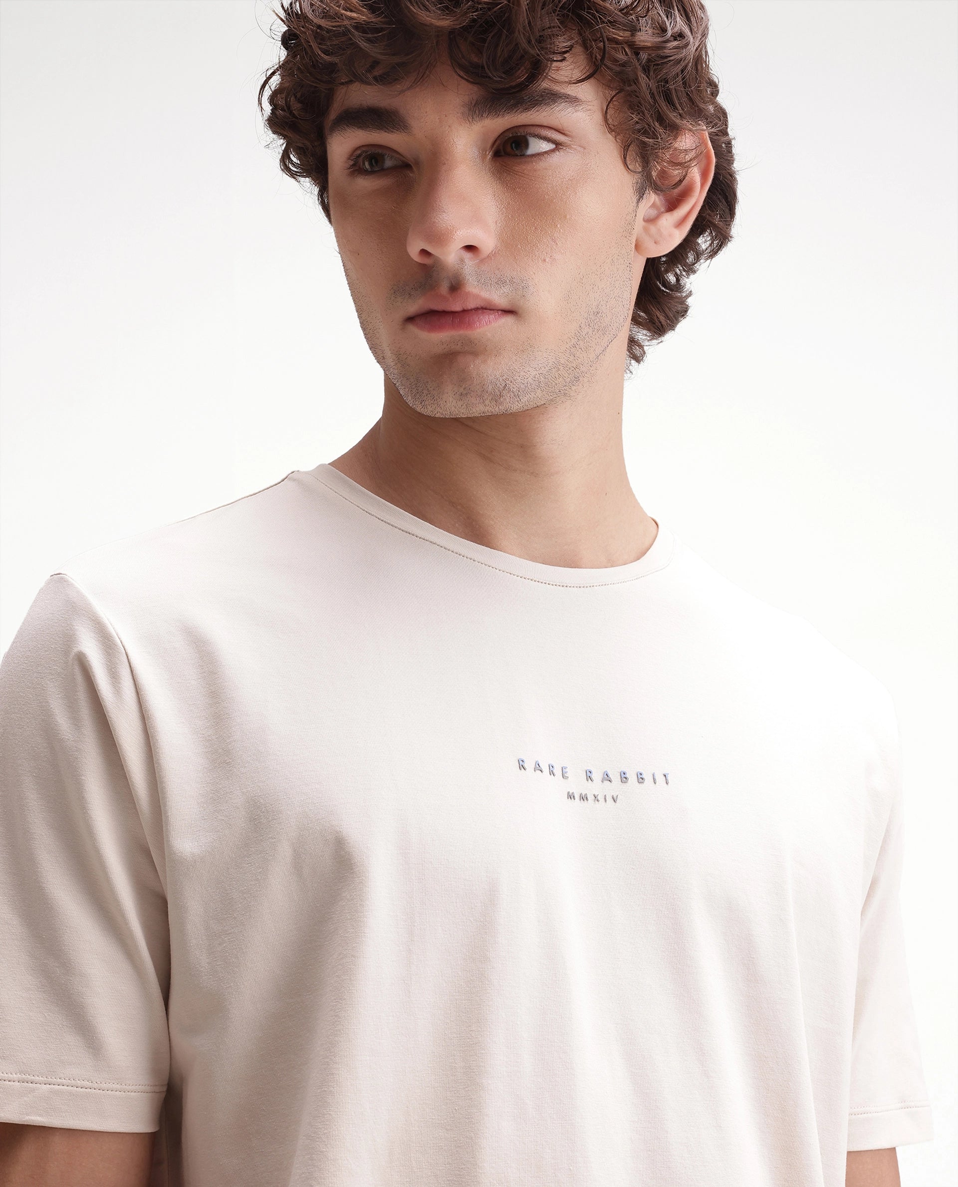Rare Rabbit Men's Rabbit-A26 Beige Cotton Blend Crew Neck Regular Hd Print T-Shirt