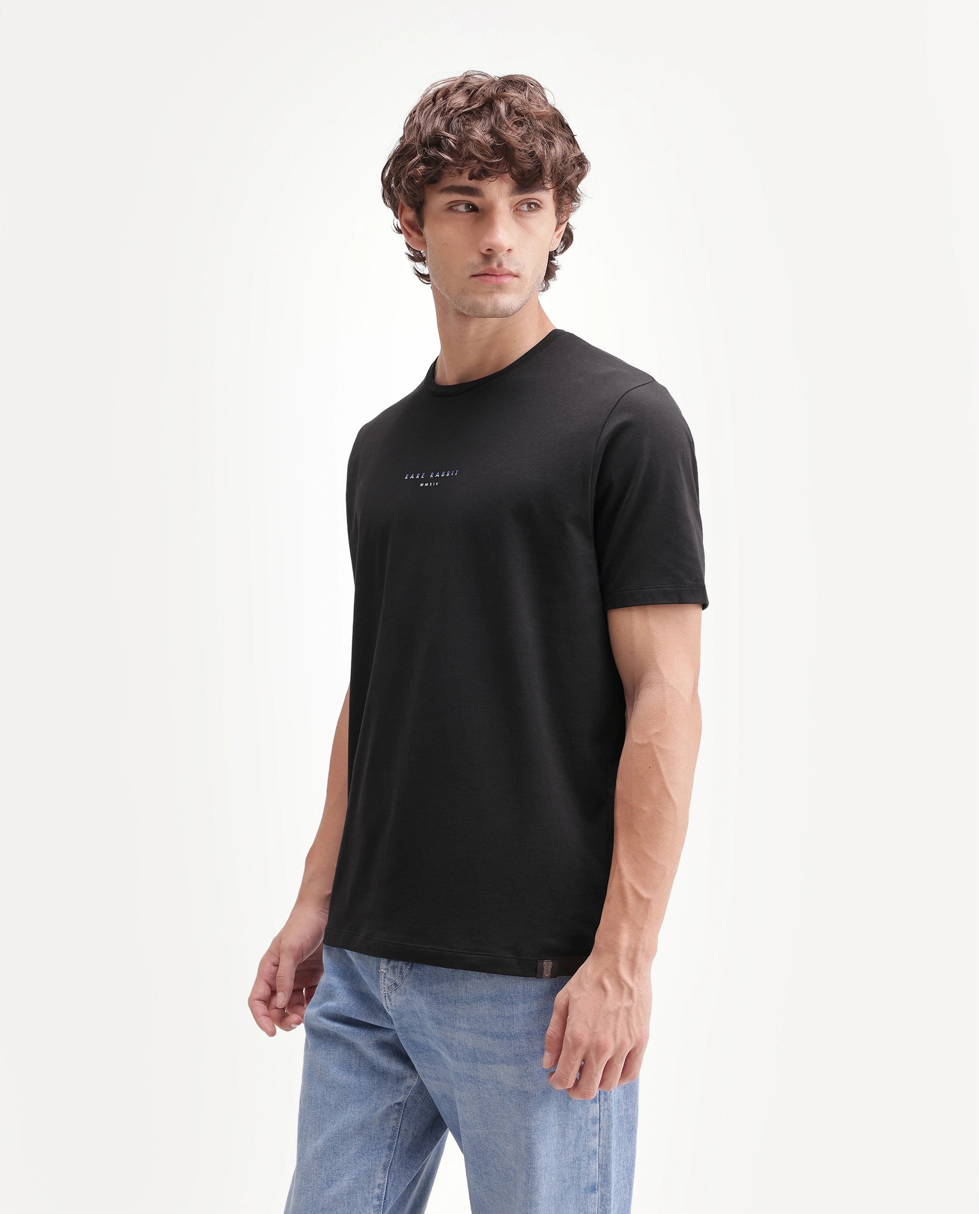 Rare Rabbit Men's Rabbit-A26 Primary Black Cotton Blend Crew Neck Regular Hd Print T-Shirt