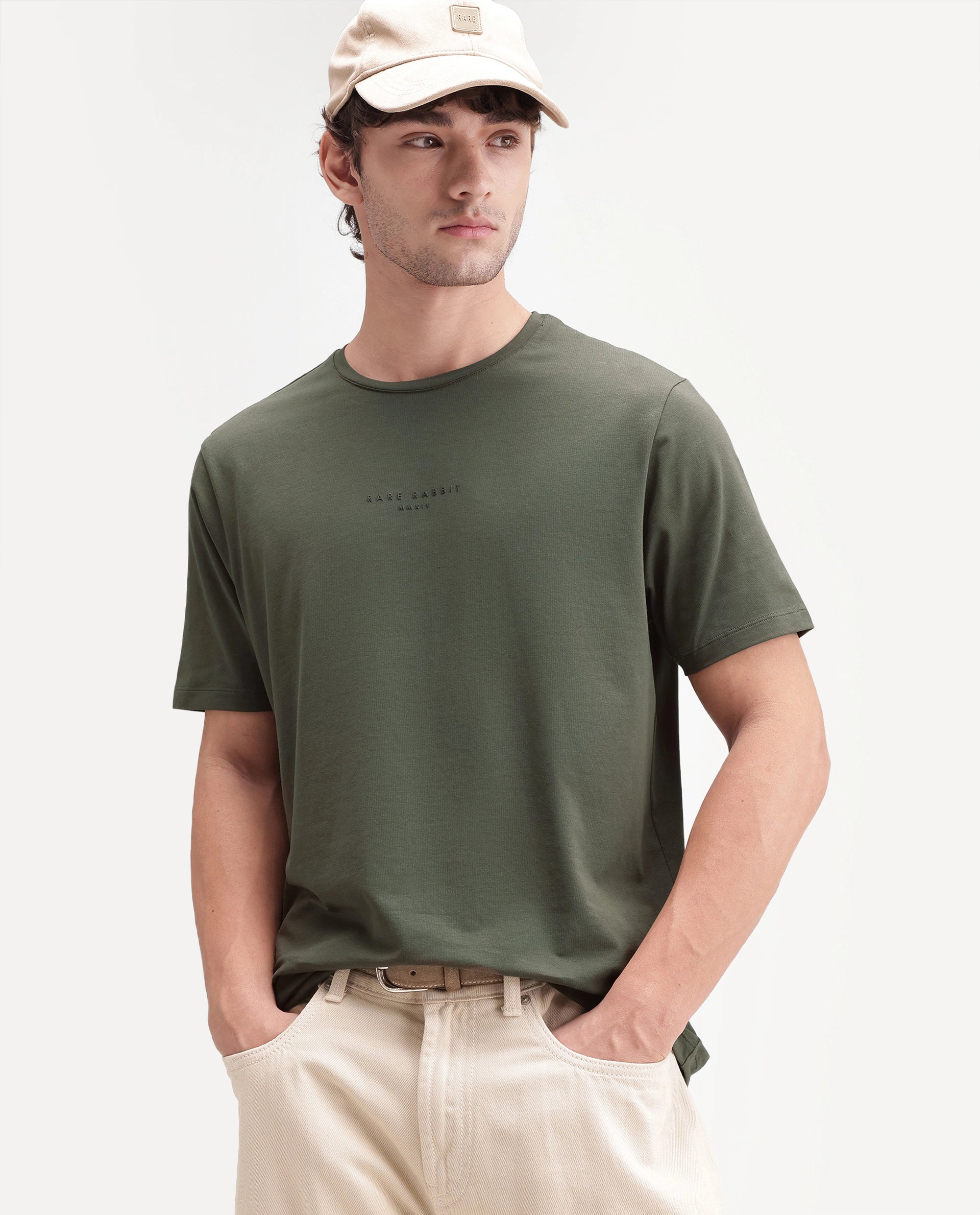 Rare Rabbit Men's Rabbit-A26 Olive Cotton Blend Crew Neck Regular Hd Print T-Shirt
