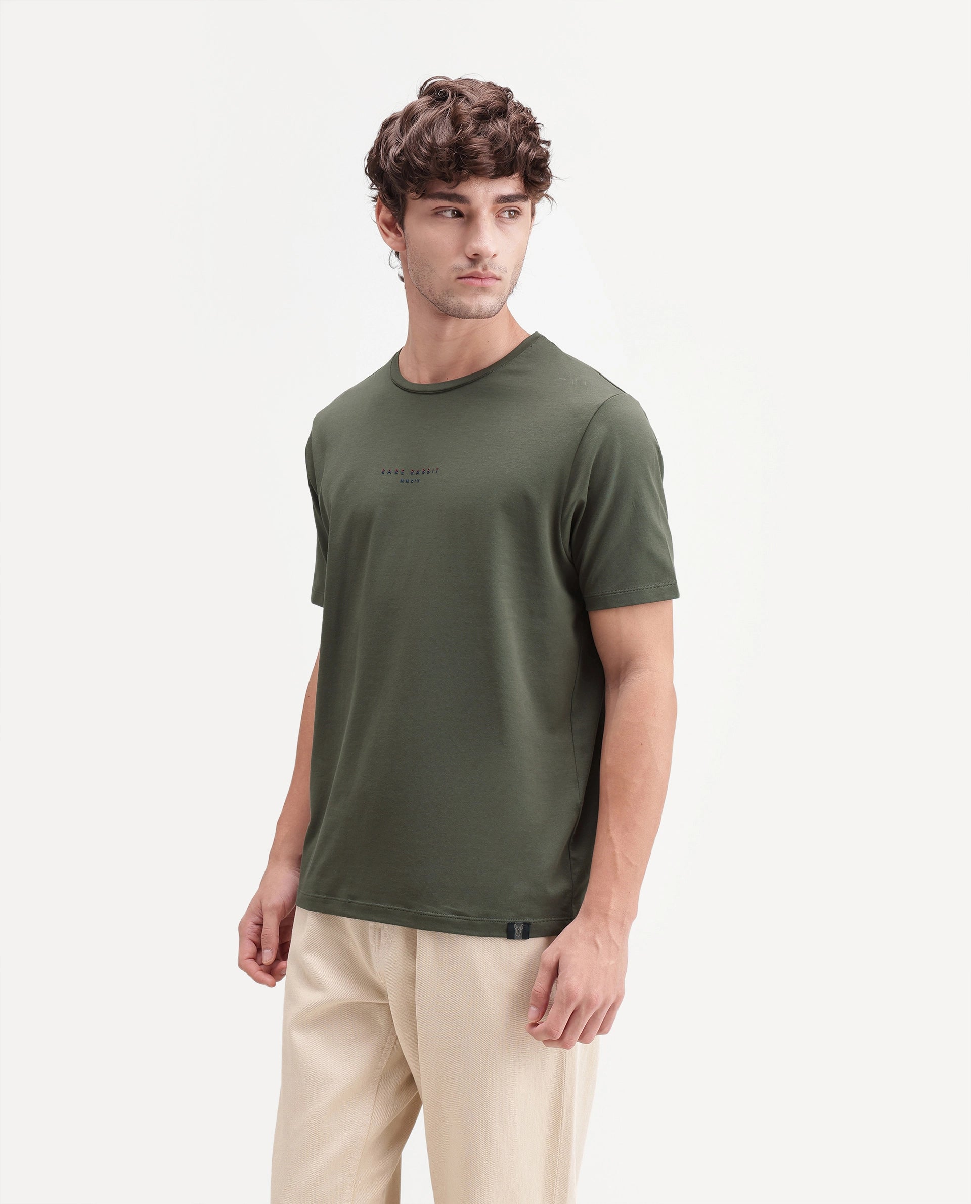Rare Rabbit Men's Rabbit-A26 Olive Cotton Blend Crew Neck Regular Hd Print T-Shirt