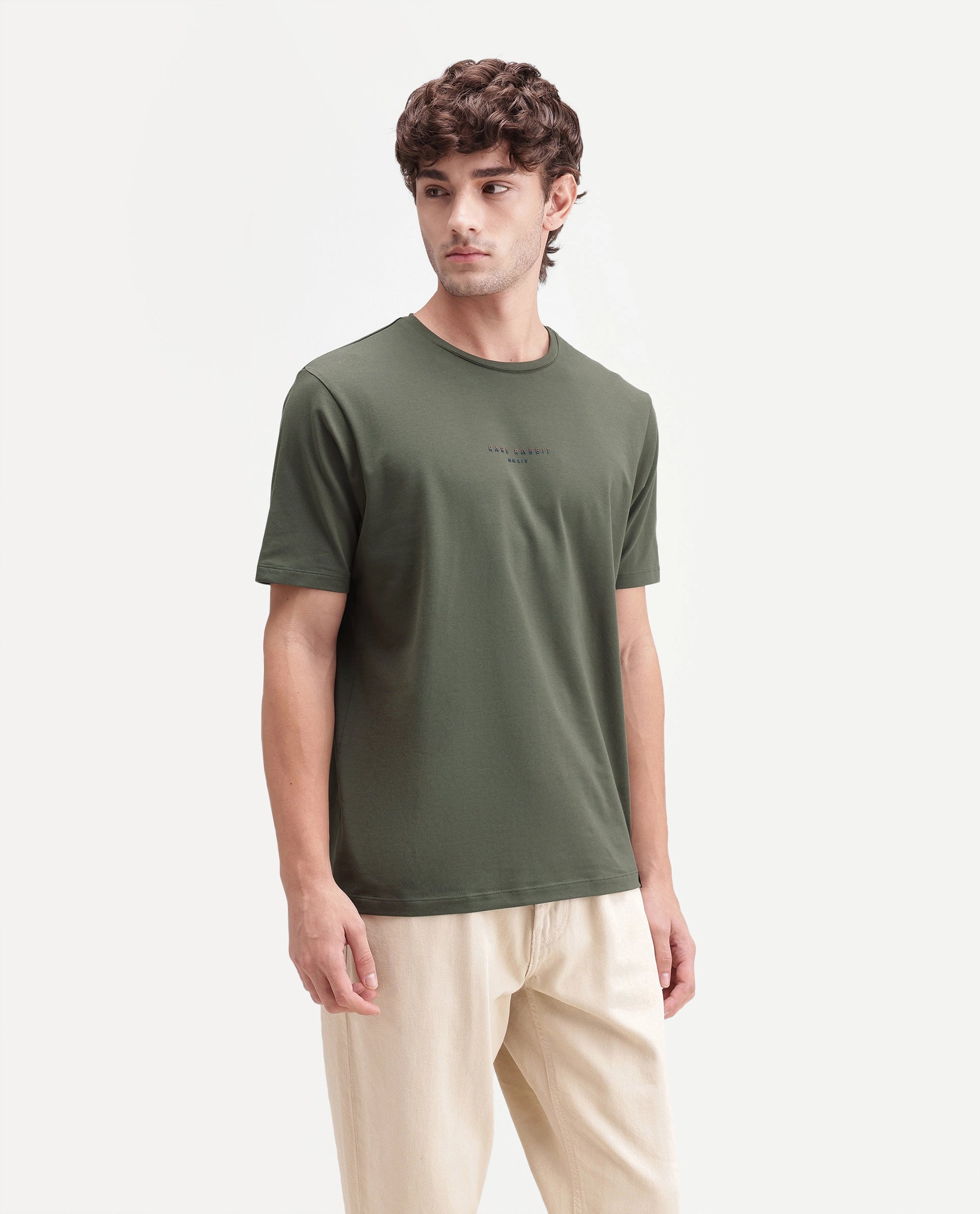 Rare Rabbit Men's Rabbit-A26 Olive Cotton Blend Crew Neck Regular Hd Print T-Shirt