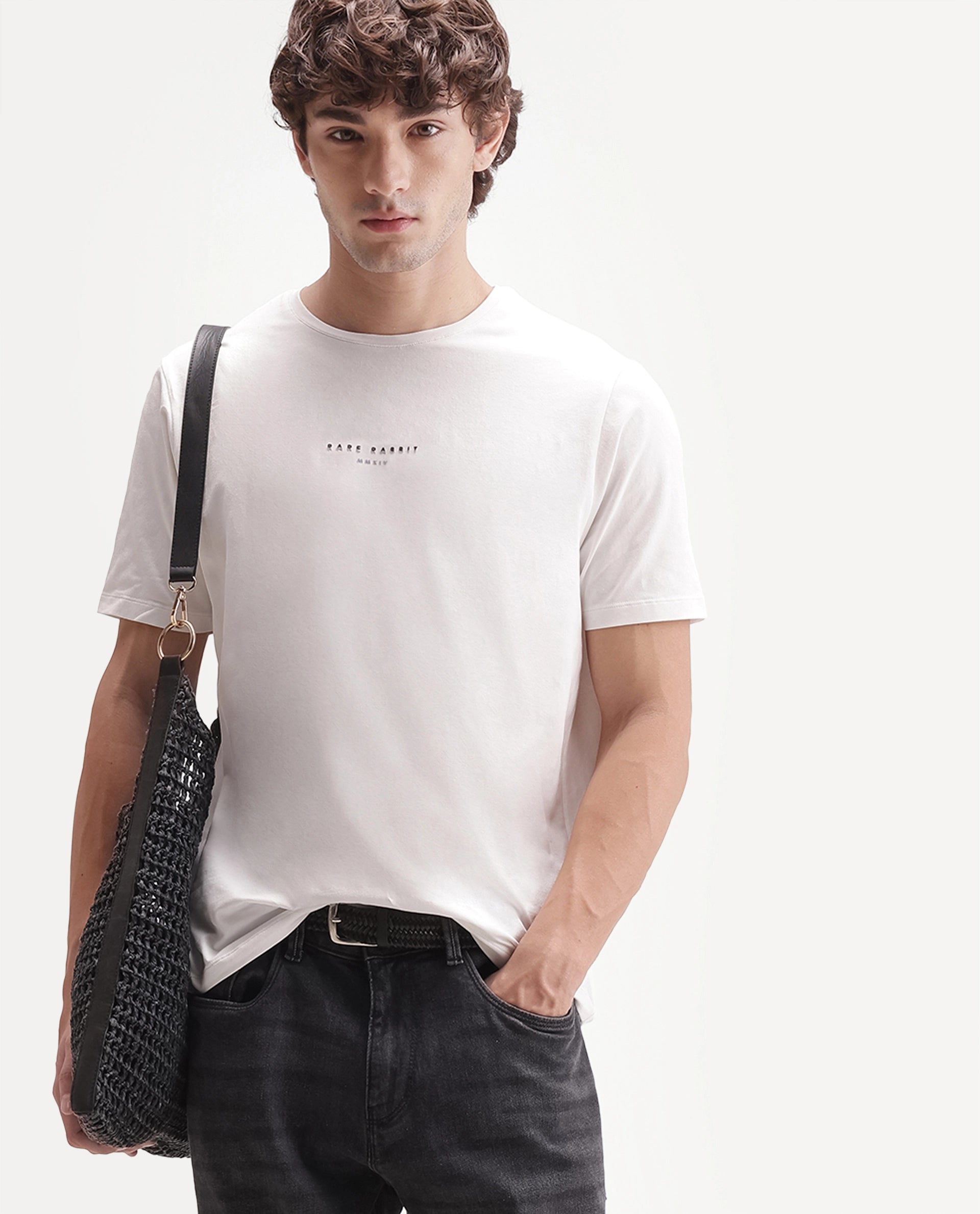 Rare Rabbit Men's Rabbit-A26 Primary White Cotton Blend Crew Neck Regular Hd Print T-Shirt