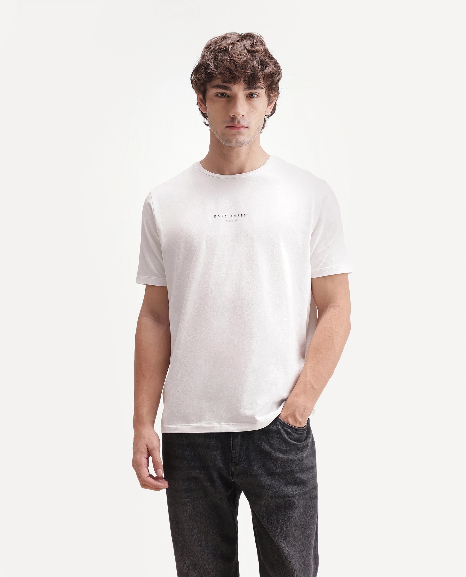 Rare Rabbit Men's Rabbit-A26 Primary White Cotton Blend Crew Neck Regular Hd Print T-Shirt