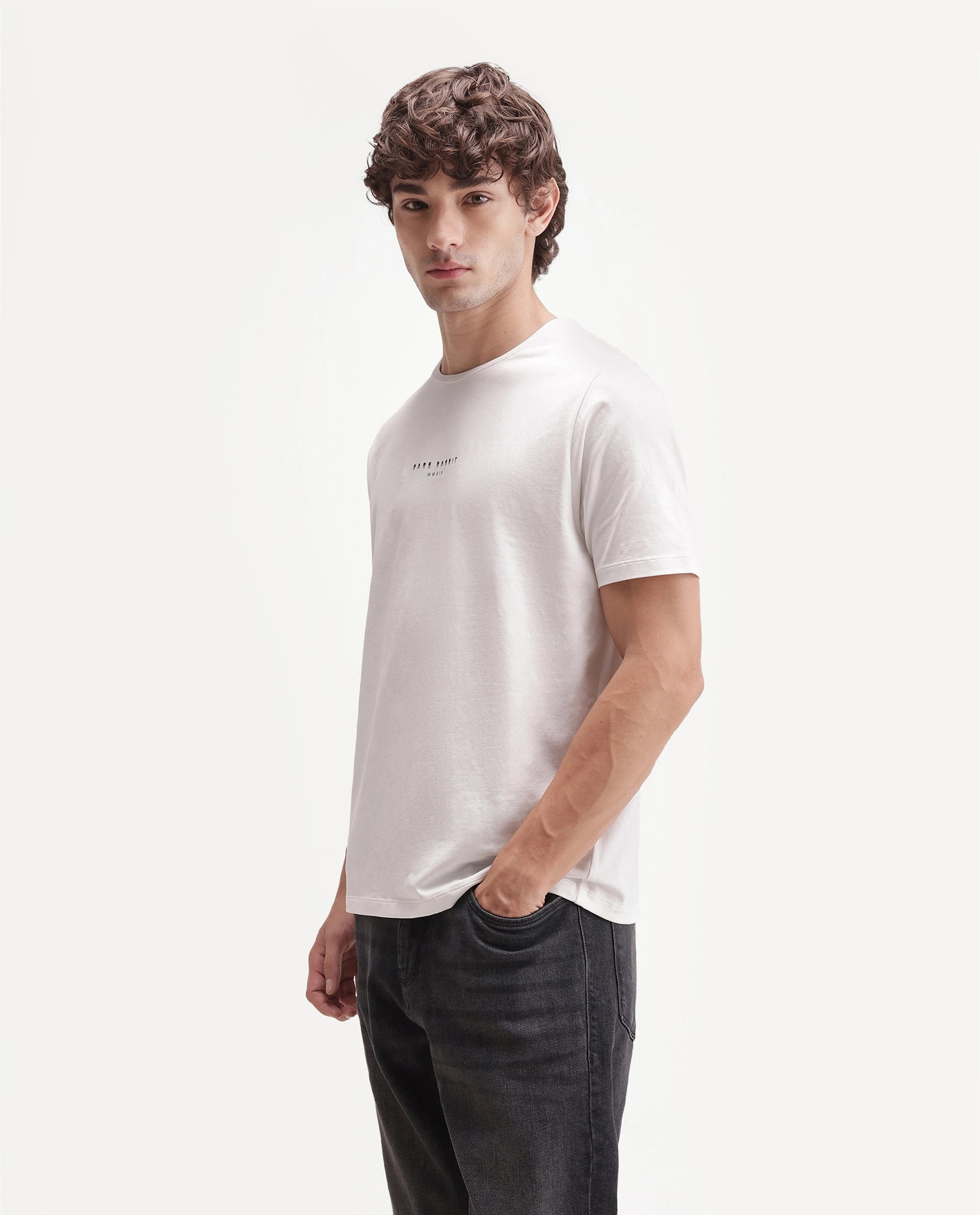 Rare Rabbit Men's Rabbit-A26 Primary White Cotton Blend Crew Neck Regular Hd Print T-Shirt