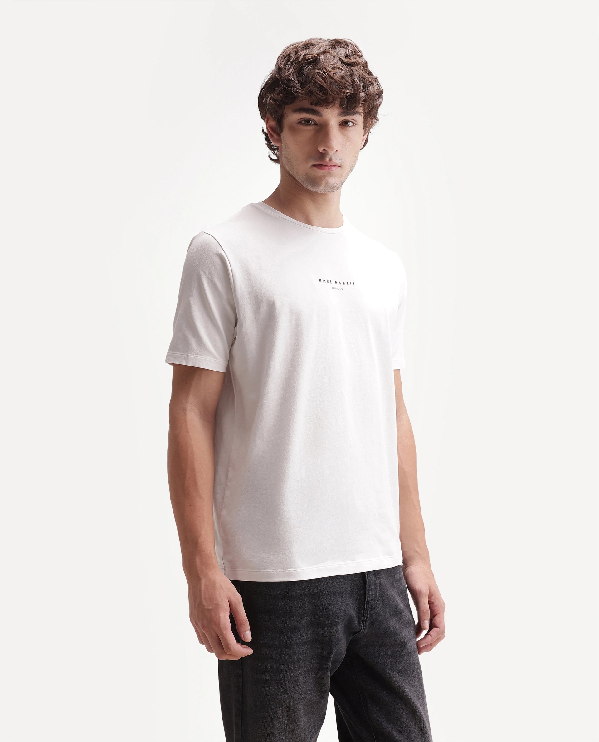 Rare Rabbit Men's Rabbit-A26 Primary White Cotton Blend Crew Neck Regular Hd Print T-Shirt