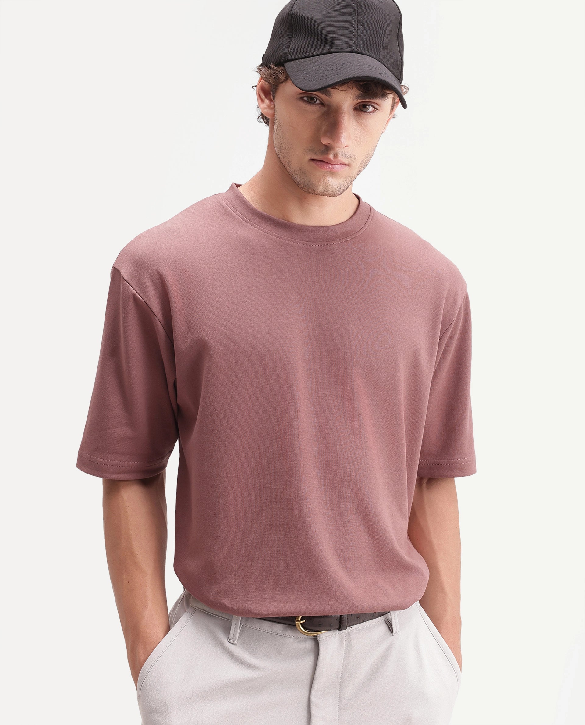 Rare Rabbit Men's Qlo-A26 Dusky Brown Cotton Blend Crew Neck Qlo Plain T-Shirt