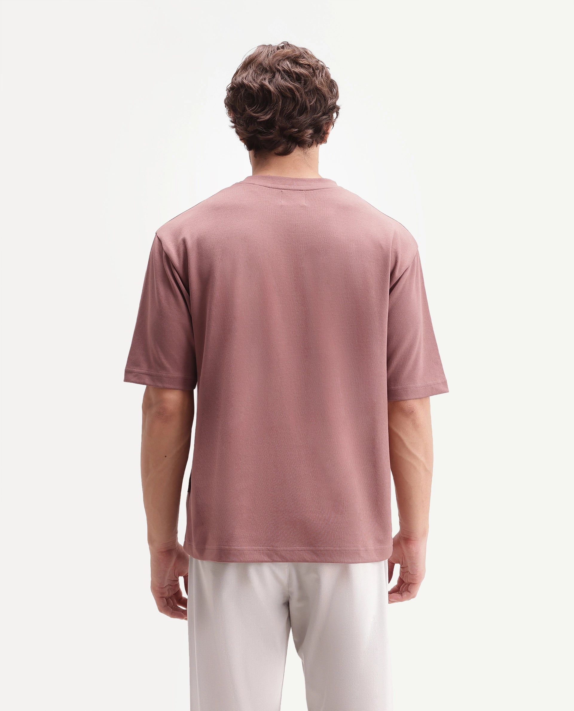 Rare Rabbit Men's Qlo-A26 Dusky Brown Cotton Blend Crew Neck Qlo Plain T-Shirt