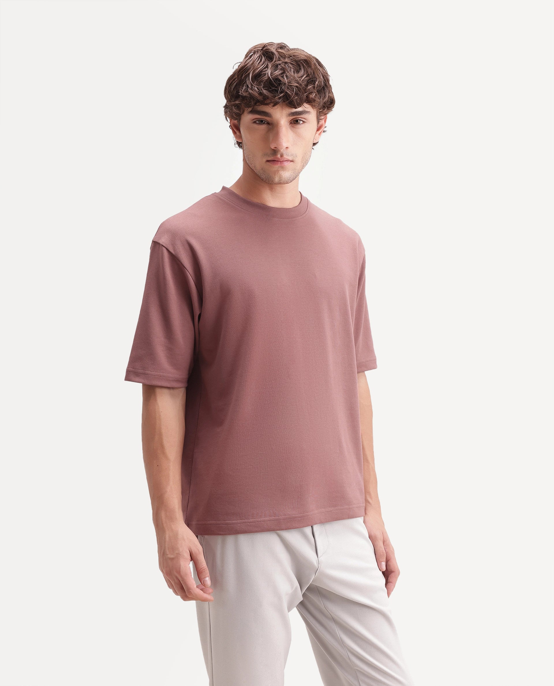 Rare Rabbit Men's Qlo-A26 Dusky Brown Cotton Blend Crew Neck Qlo Plain T-Shirt