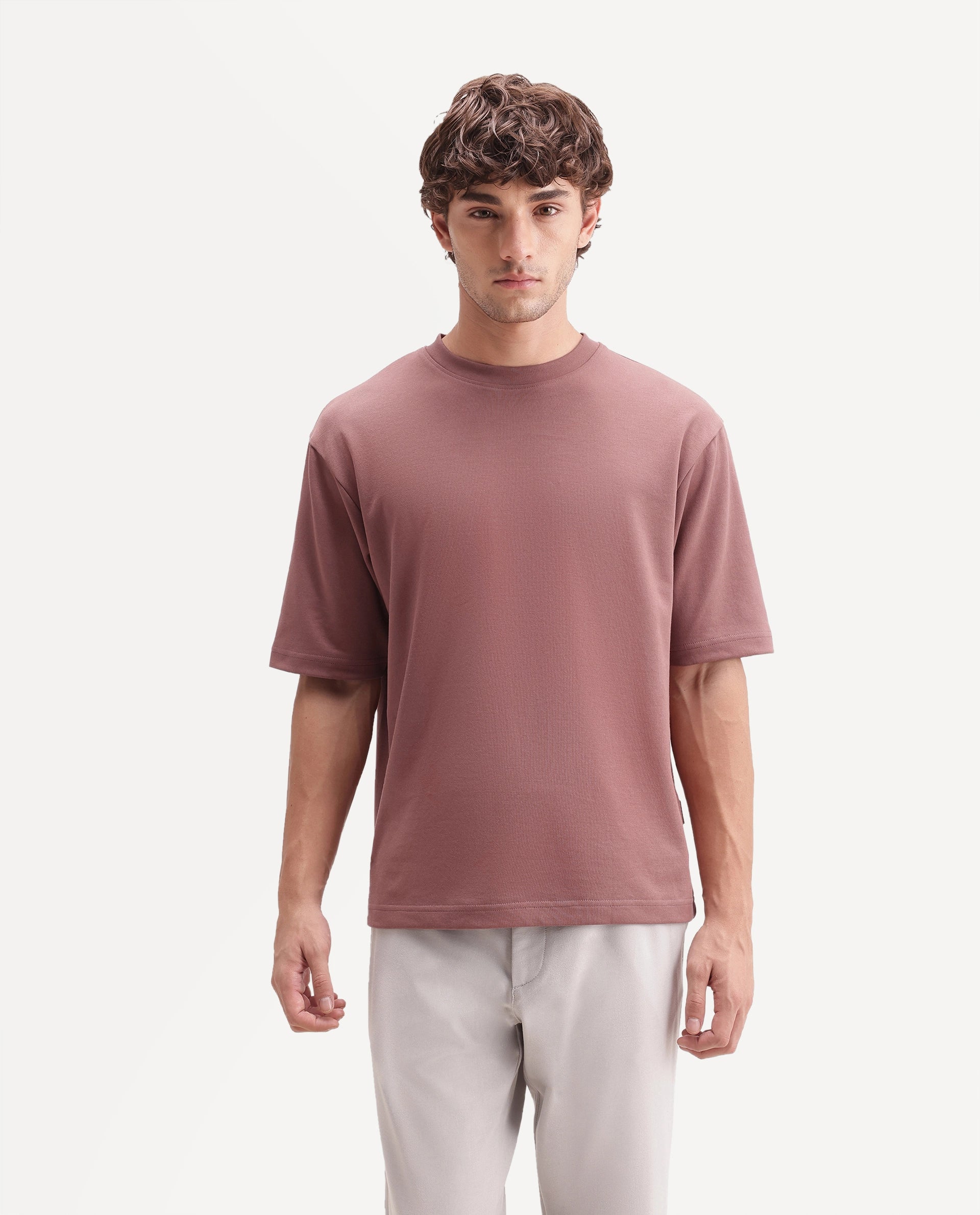 Rare Rabbit Men's Qlo-A26 Dusky Brown Cotton Blend Crew Neck Qlo Plain T-Shirt