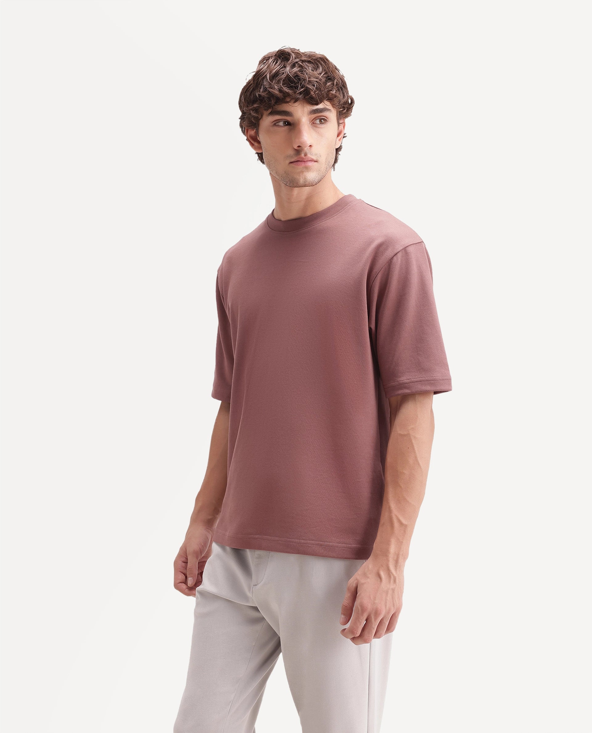Rare Rabbit Men's Qlo-A26 Dusky Brown Cotton Blend Crew Neck Qlo Plain T-Shirt