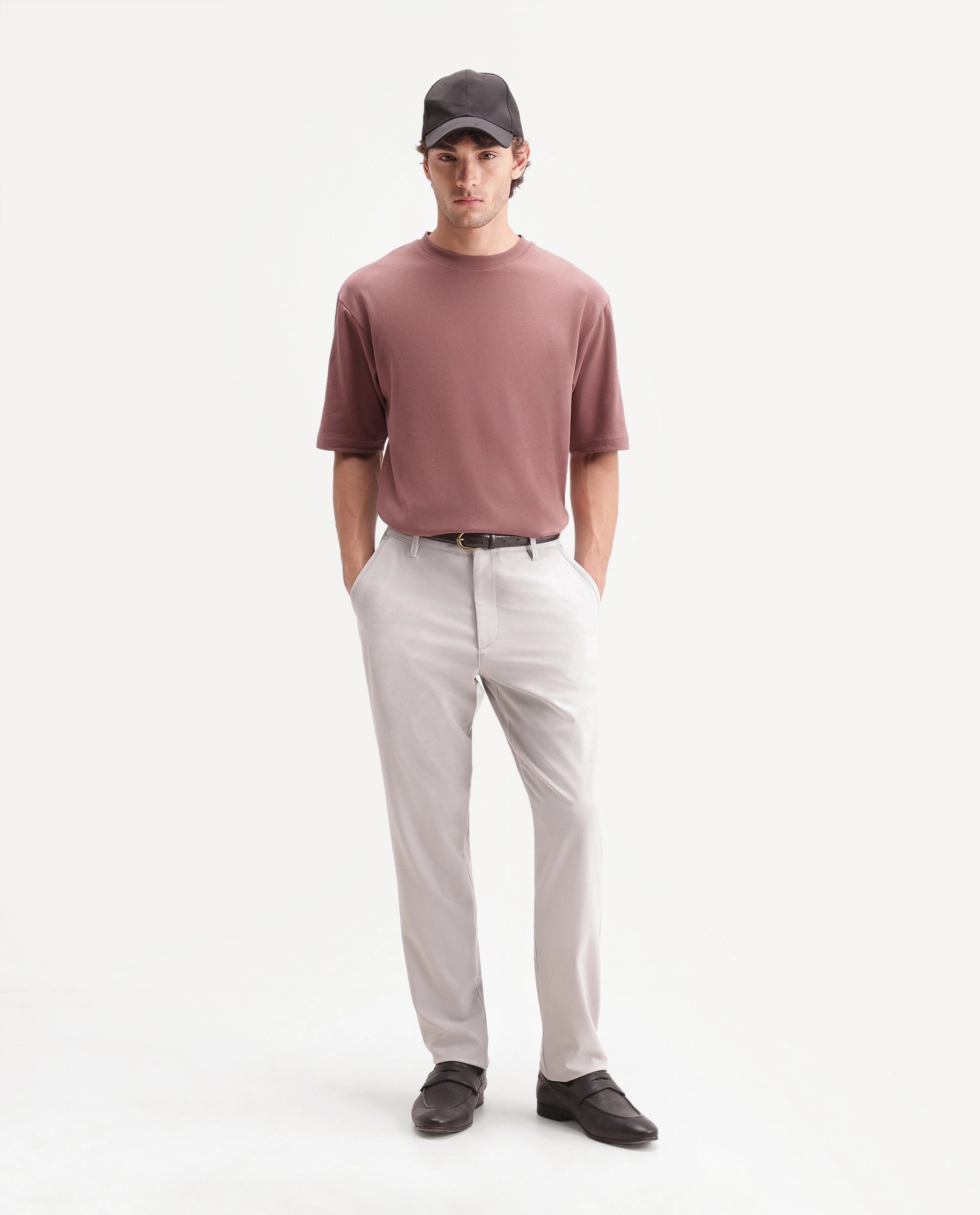 Rare Rabbit Men's Qlo-A26 Dusky Brown Cotton Blend Crew Neck Qlo Plain T-Shirt