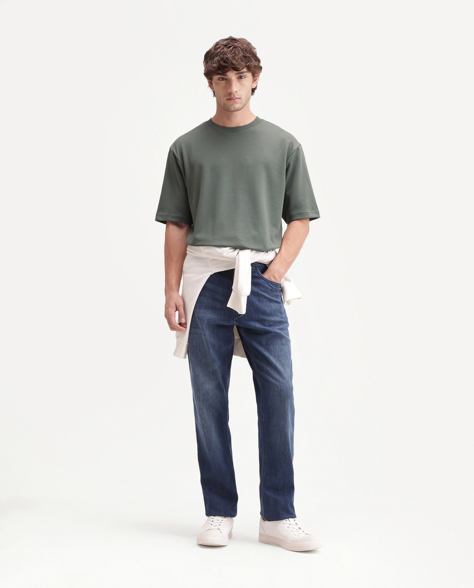 Rare Rabbit Men's Qlo-A26 Olive Cotton Blend Crew Neck Qlo Plain T-Shirt