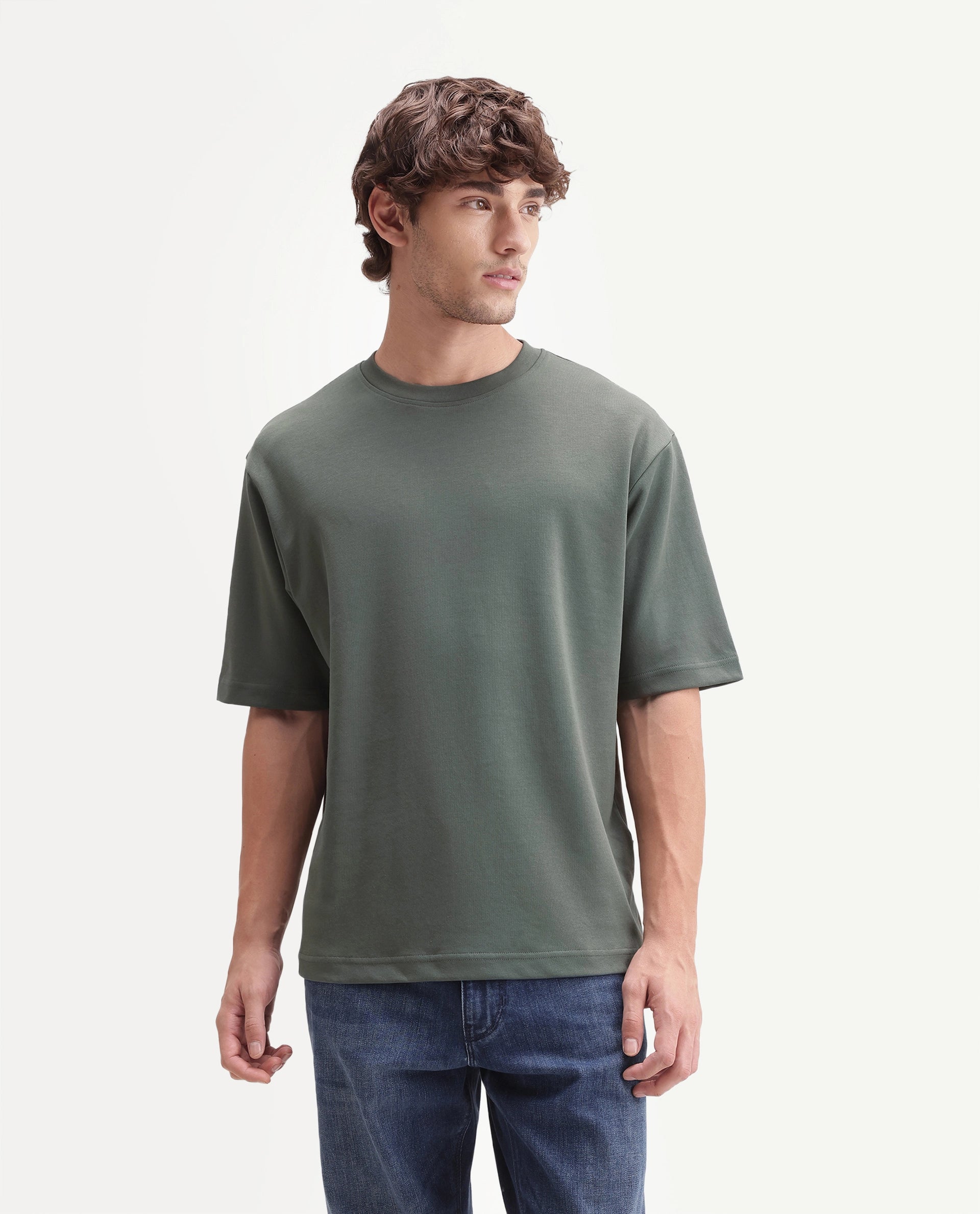 Rare Rabbit Men's Qlo-A26 Olive Cotton Blend Crew Neck Qlo Plain T-Shirt