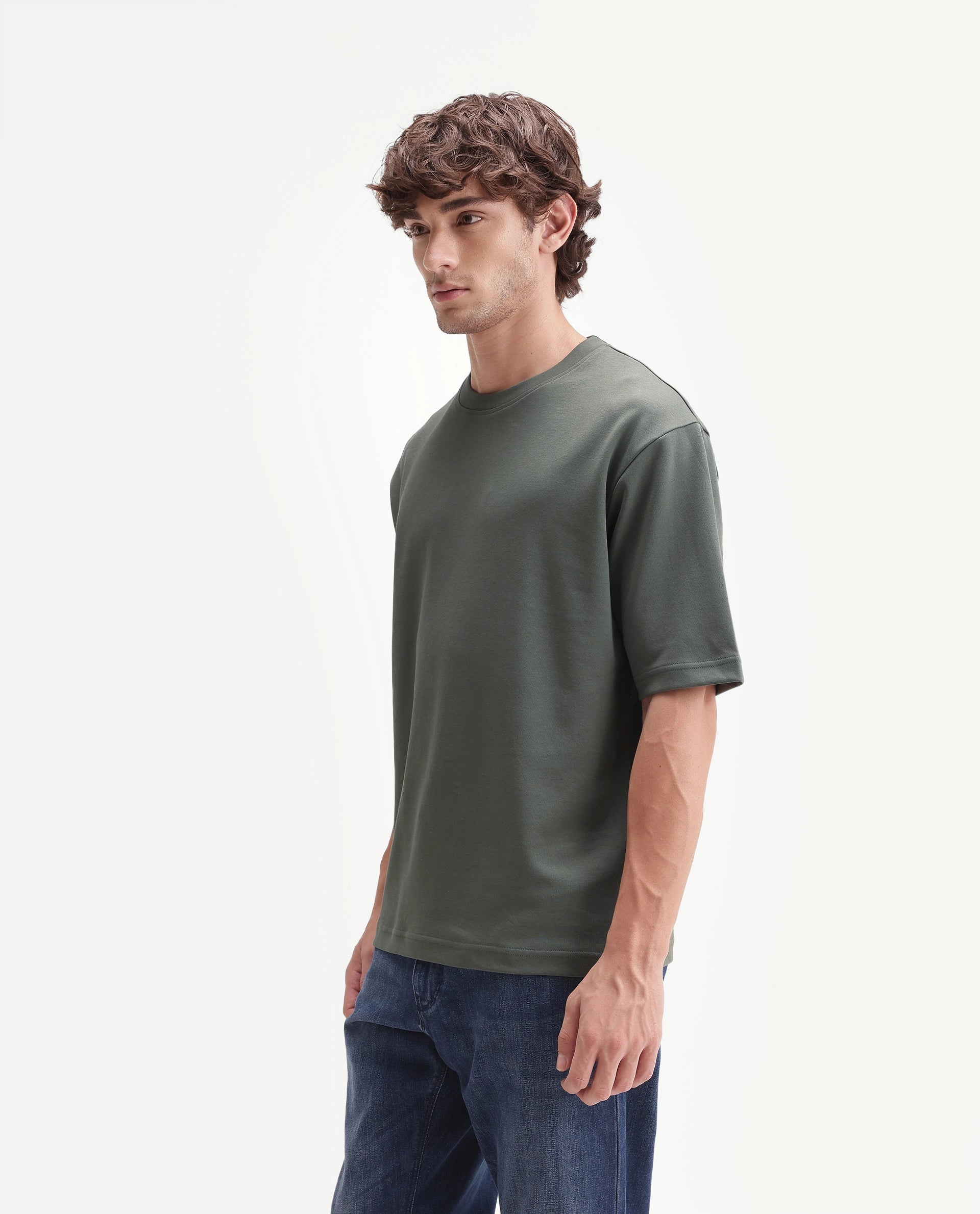 Rare Rabbit Men's Qlo-A26 Olive Cotton Blend Crew Neck Qlo Plain T-Shirt